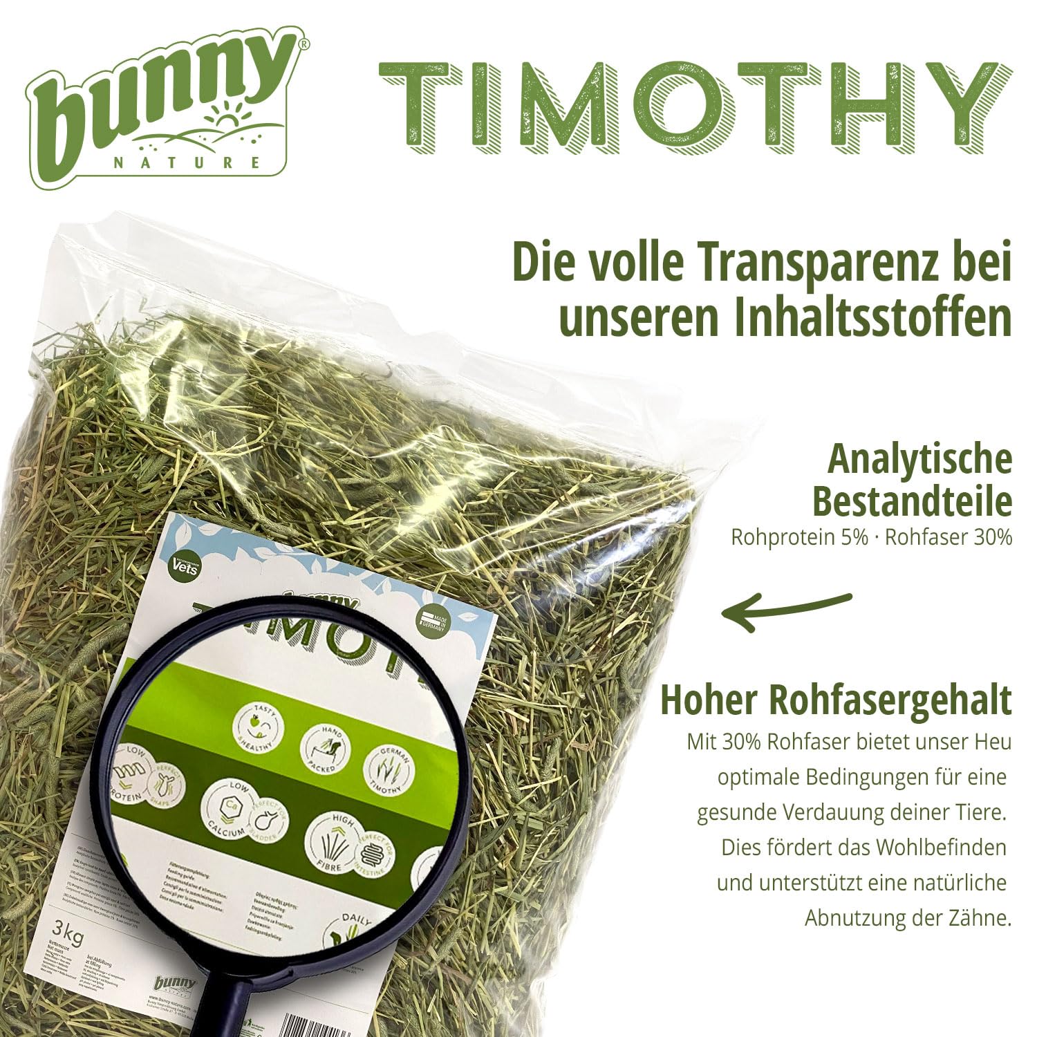 bunnyNature Timothy 3kg | Hochwertiges Heu für Zwergkaninchen & Nagetiere | Made in Germany | Natürlicher Zahnabriebt | Tierwohl & Qualität