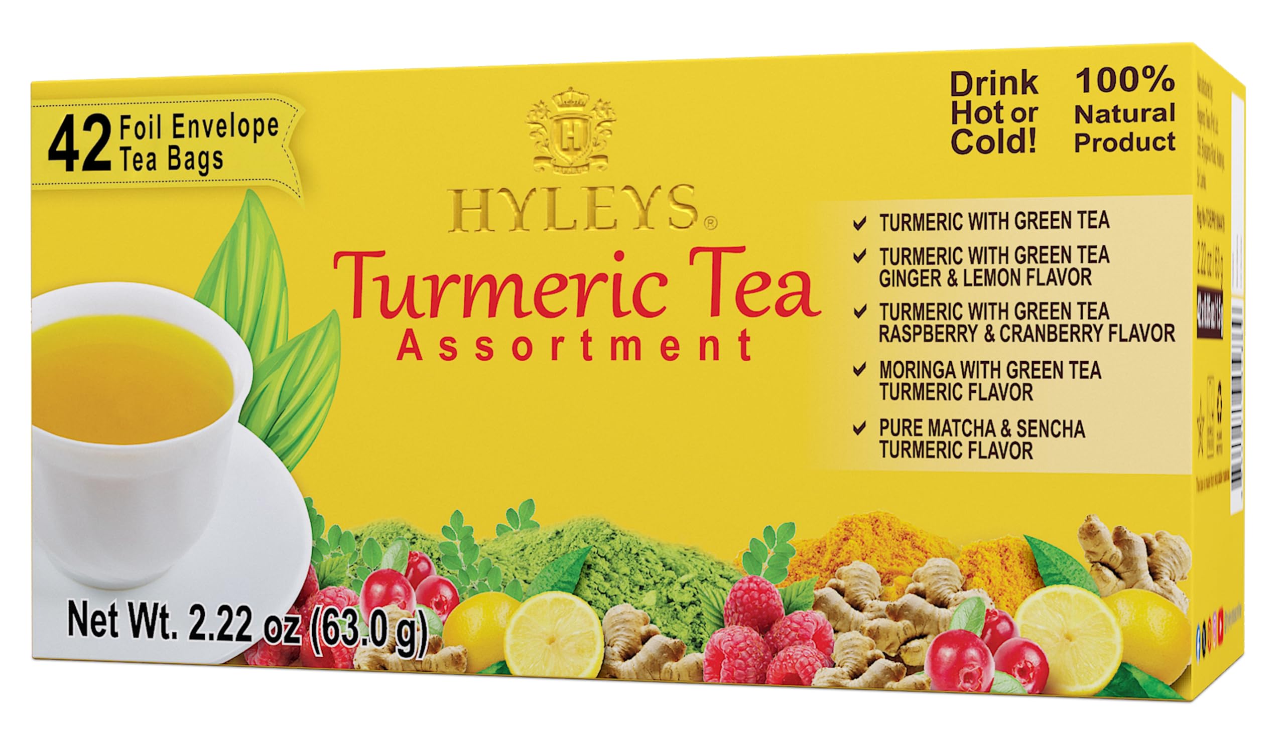 HYLEYS Turmeric Green Tea, Assorted Flavors, Gluten Free & Kosher, 42 Bags Assorted Flavors 42 Count (Pack of 1)