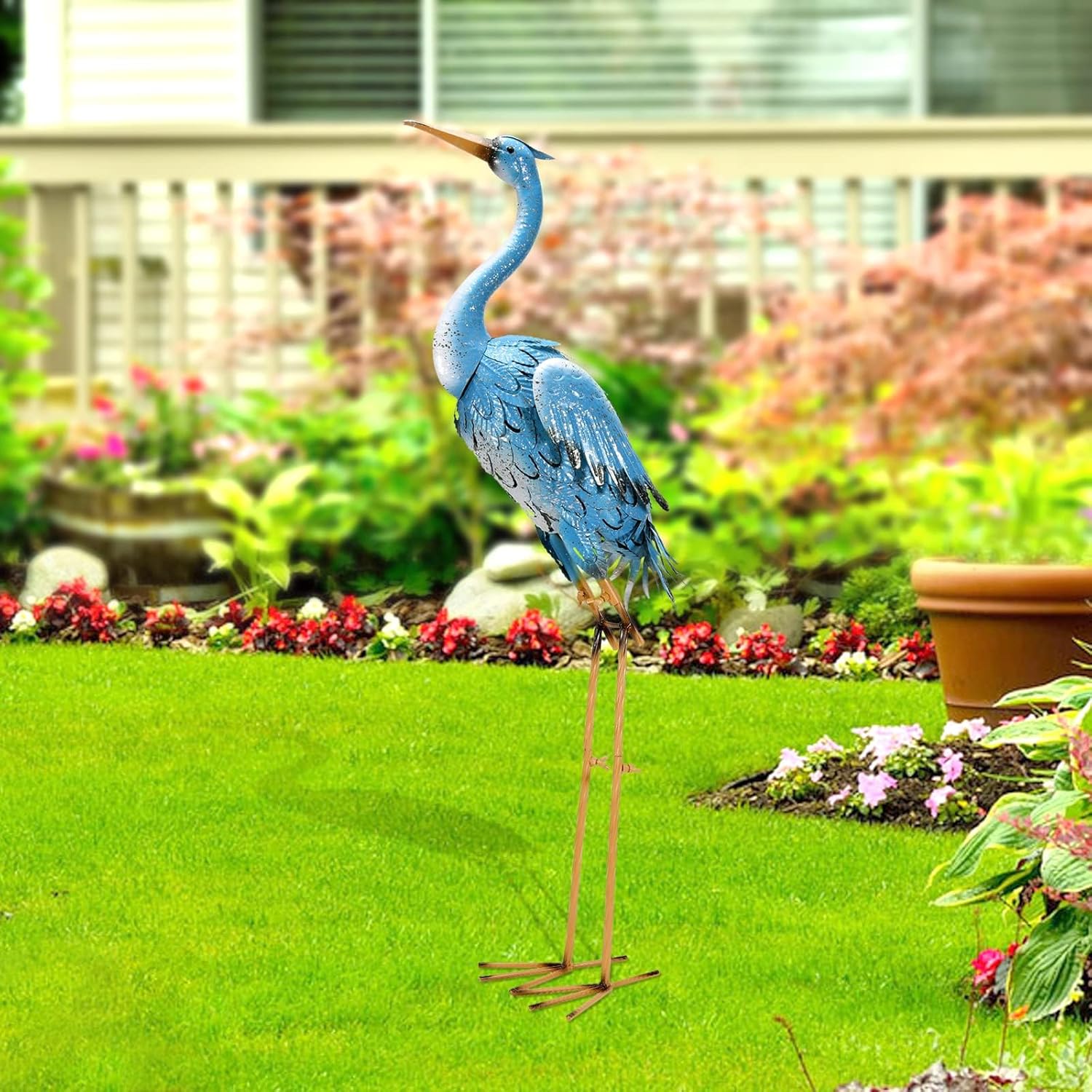 Qeeman Metal Large Outdoor Statues for Garden Decor:Sculptures for Patio Backyard Yard Porch Lawn Ornaments - Gifts for Mom Grandma Grandparents Dad Blue Crane
