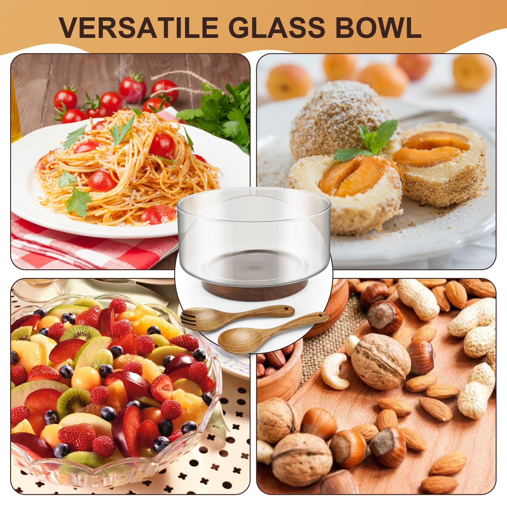 Cuenco grande de cristal de 3700 ml con pinzas de ensalada de madera, diseño de estabilidad mejorada, cuenco versátil para ensaladas, frutas, ideal para reuniones y comidas familiares diarias