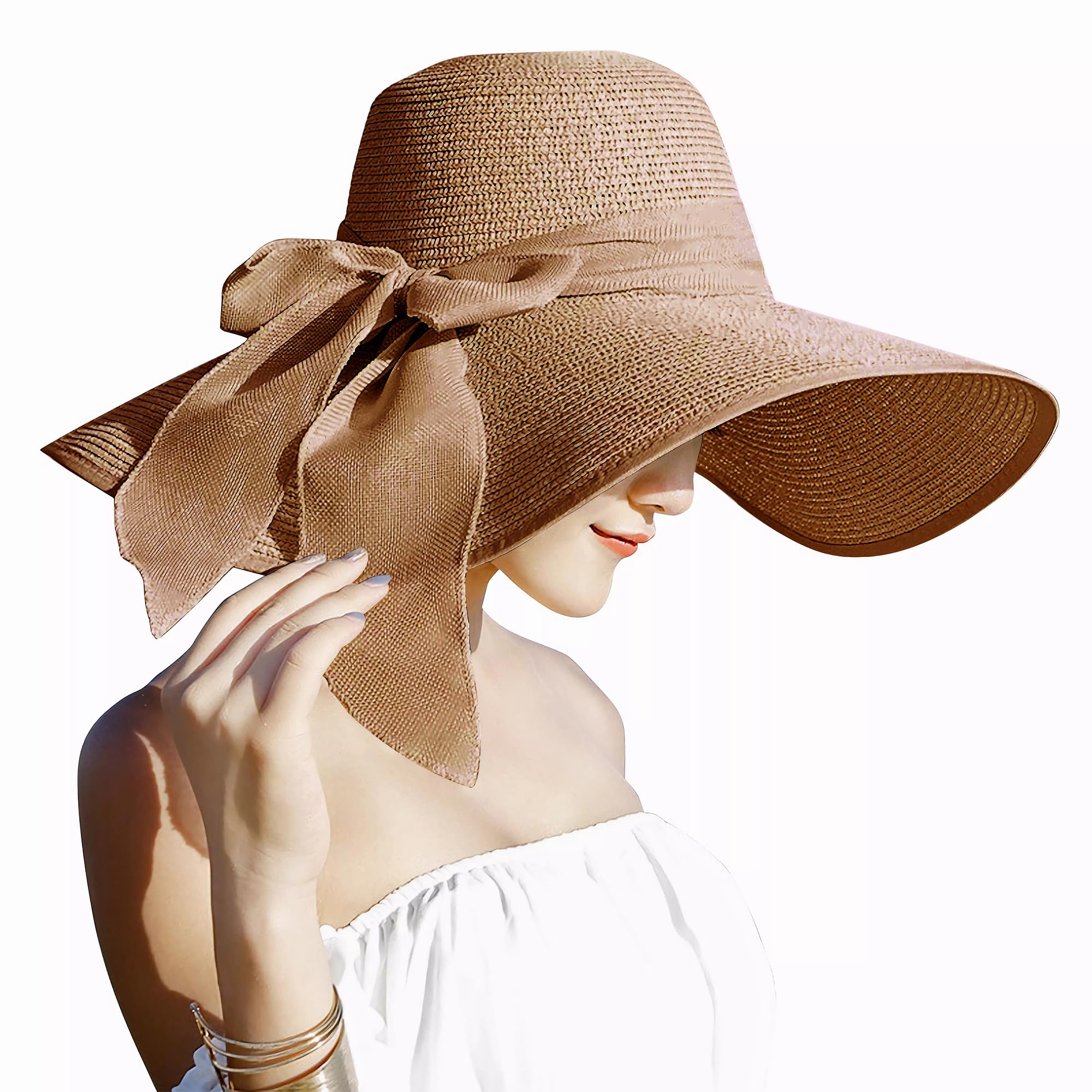 Lanzom Sombrero de paja grande de 5.5 pulgadas para mujer, de 5.5 pulgadas, plegable, enrollable, sombrero de playa, UPF 50+