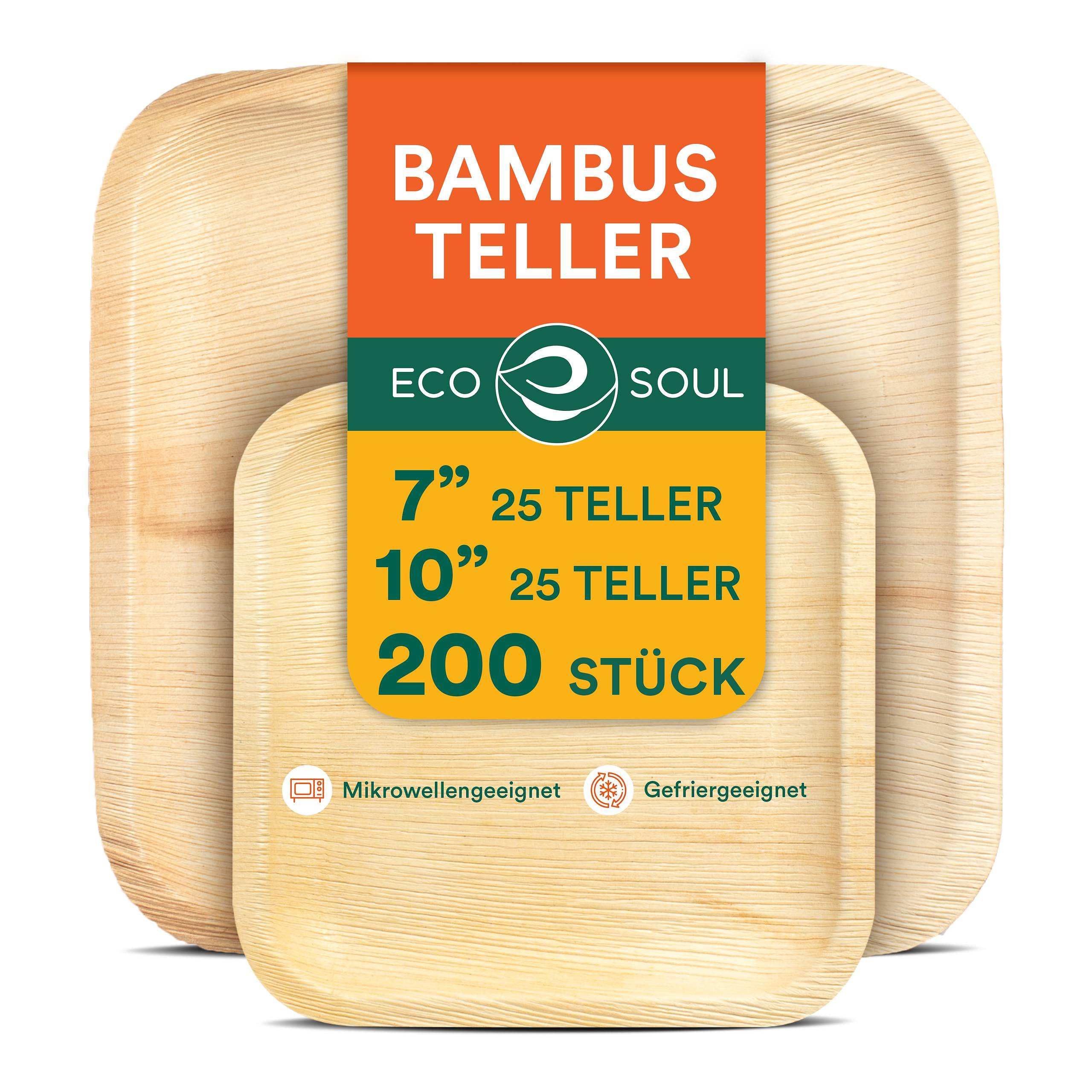 ECO SOUL Lot de 200 assiettes carrées en bambou de 17,8 cm et 25,4 cm en forme de feuille de palmier, ensemble de vaisselle jetables en vrac, compostables et biodégradables, pour restauration, mariage