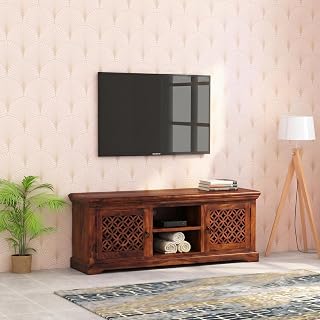 Sheesham Wood Entertainment TV Unit Cabinet with 2 Drawer and 2 Shelf Storage for Home Living Room Solid Wooden Furniture for Hall & Office Décor - (Honey Finish)