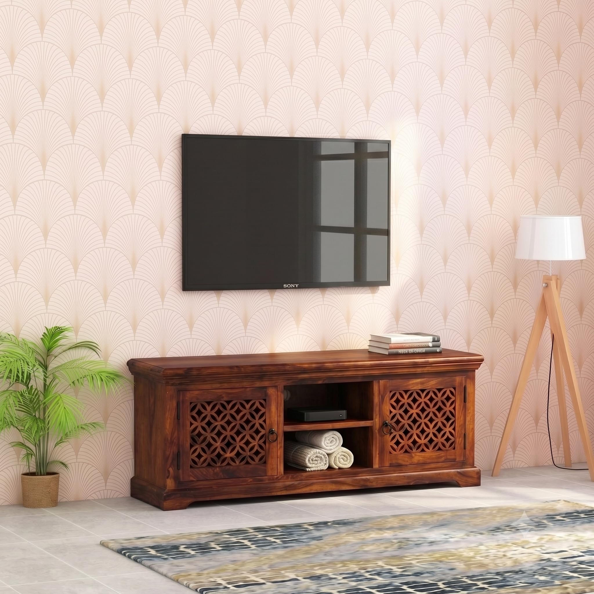 UNITEK FURNITURE Sheesham Wood Entertainment TV Unit Cabinet with 2 Drawer and 2 Shelf Storage for Home Living Room Solid Wooden Furniture for Hall & Office Décor - (Honey Finish)-image-31