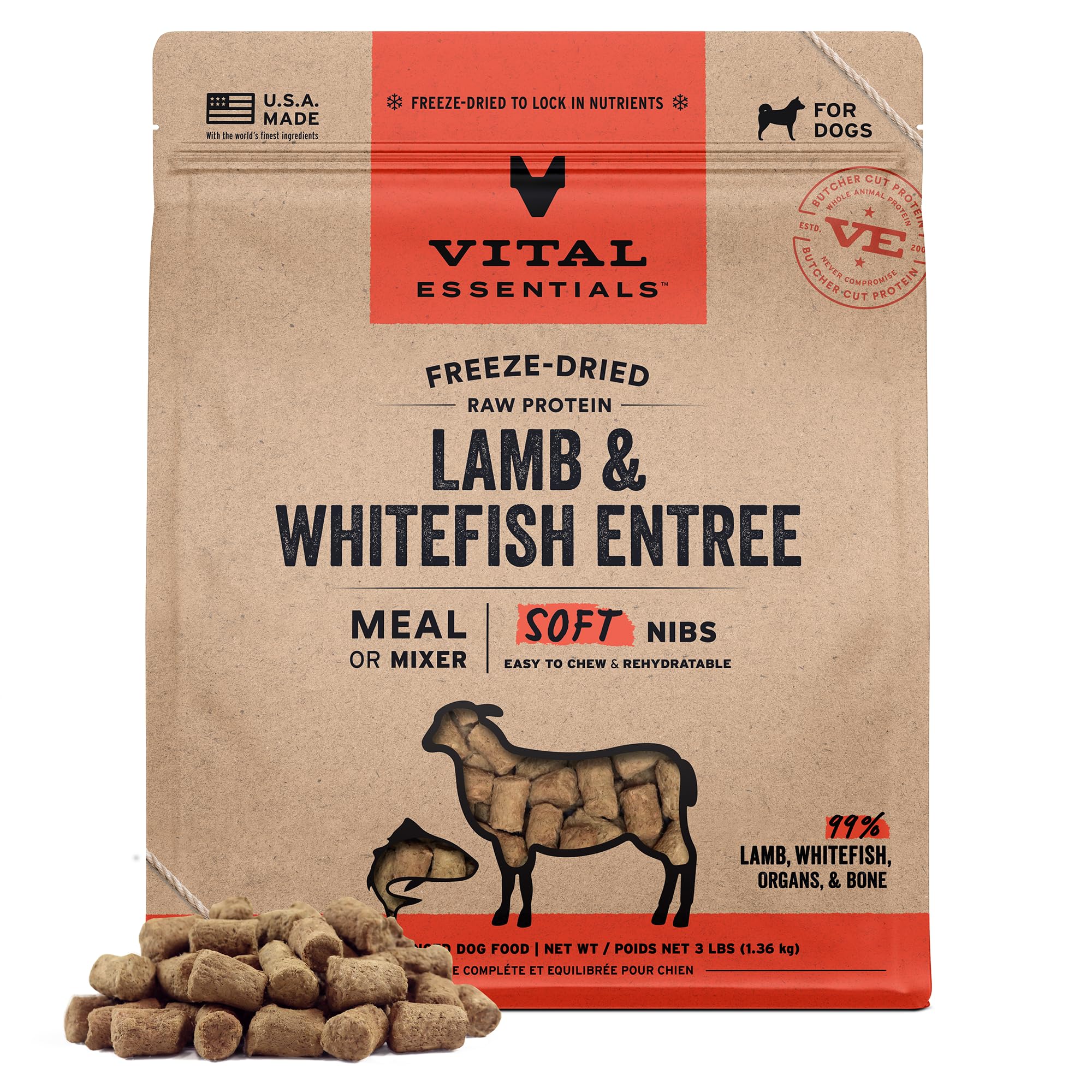 Vital Essentials Freeze Dried Dog Food, Raw Lamb & Whitefish Soft Nibs | Complete Meal or Mixer | 99% Lamb, Whitefish, Organs & Bone | 3 lbs Big Bag