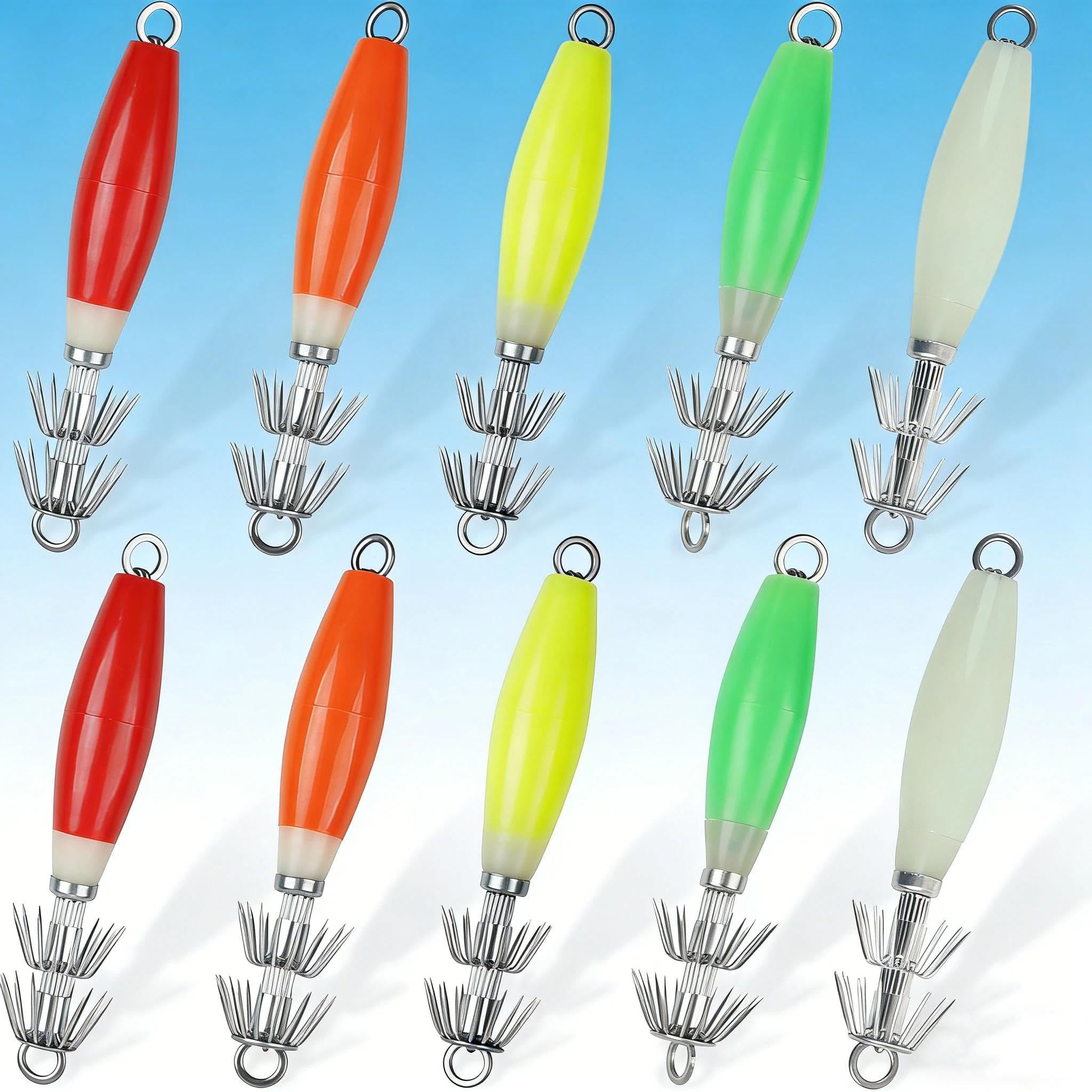 Glow Squid Jigs Kit, 10 Pcs-Maximize Your Night Catch with These High-Intensity Glowing Lures. Saltwater-Ready, Durable Hooks Included in a Convenient Tackle Box for Instant Fishing.