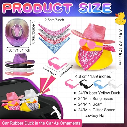 Miniatura 2 de Hanaive Juego de 24 juegos de pato de goma de vaquero de Navidad, mini sombrero holográfico de discoteca, bufanda, gafas de sol de Navidad, juguetes