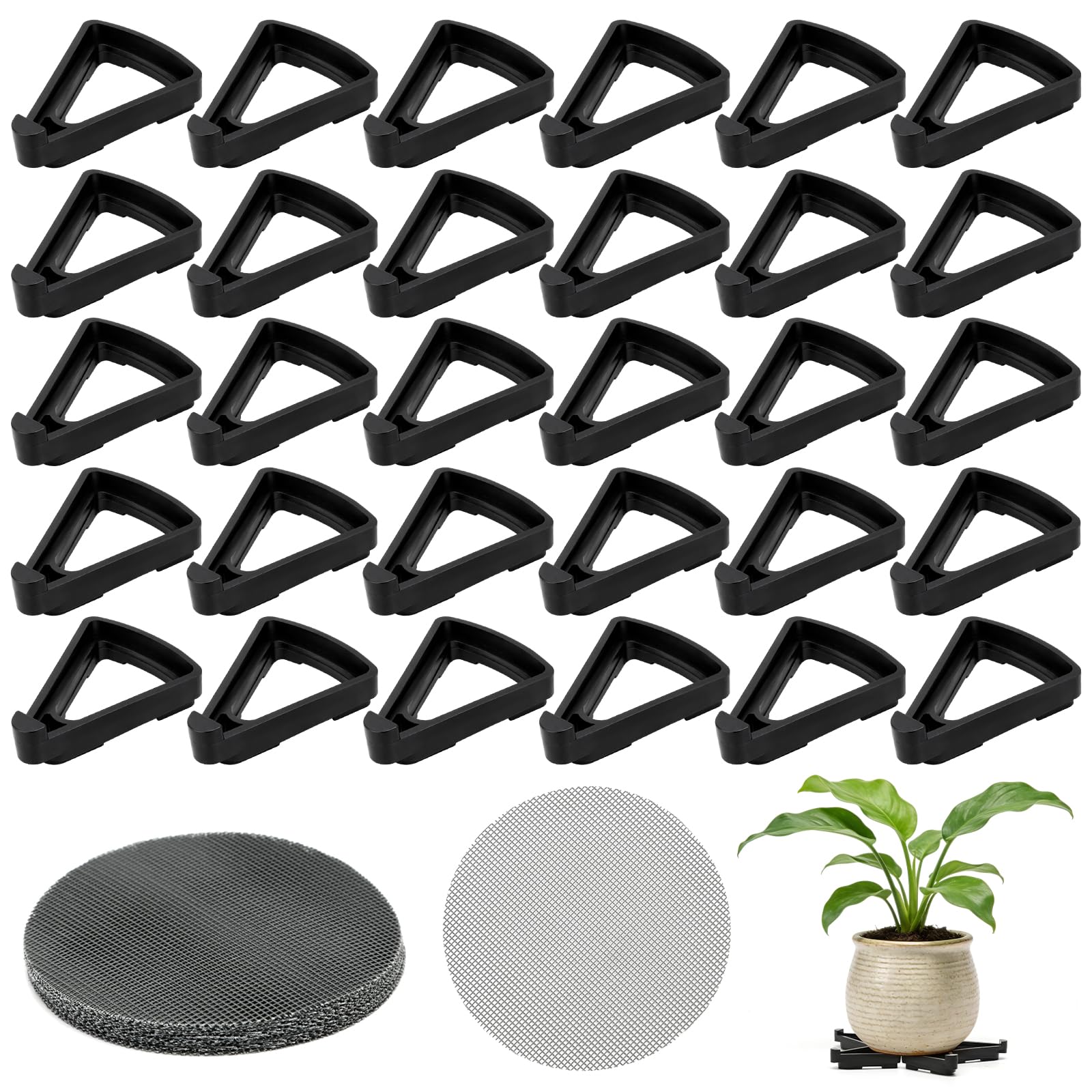 MAIXINNEW 30 Pcs Small Plant Pot Feet, Breathable Triangle Stands with Drainage Mesh, Invisible Pot Feet for Outdoor Garden, Plastic Plant Riser fit Small and Large Planters (Black)