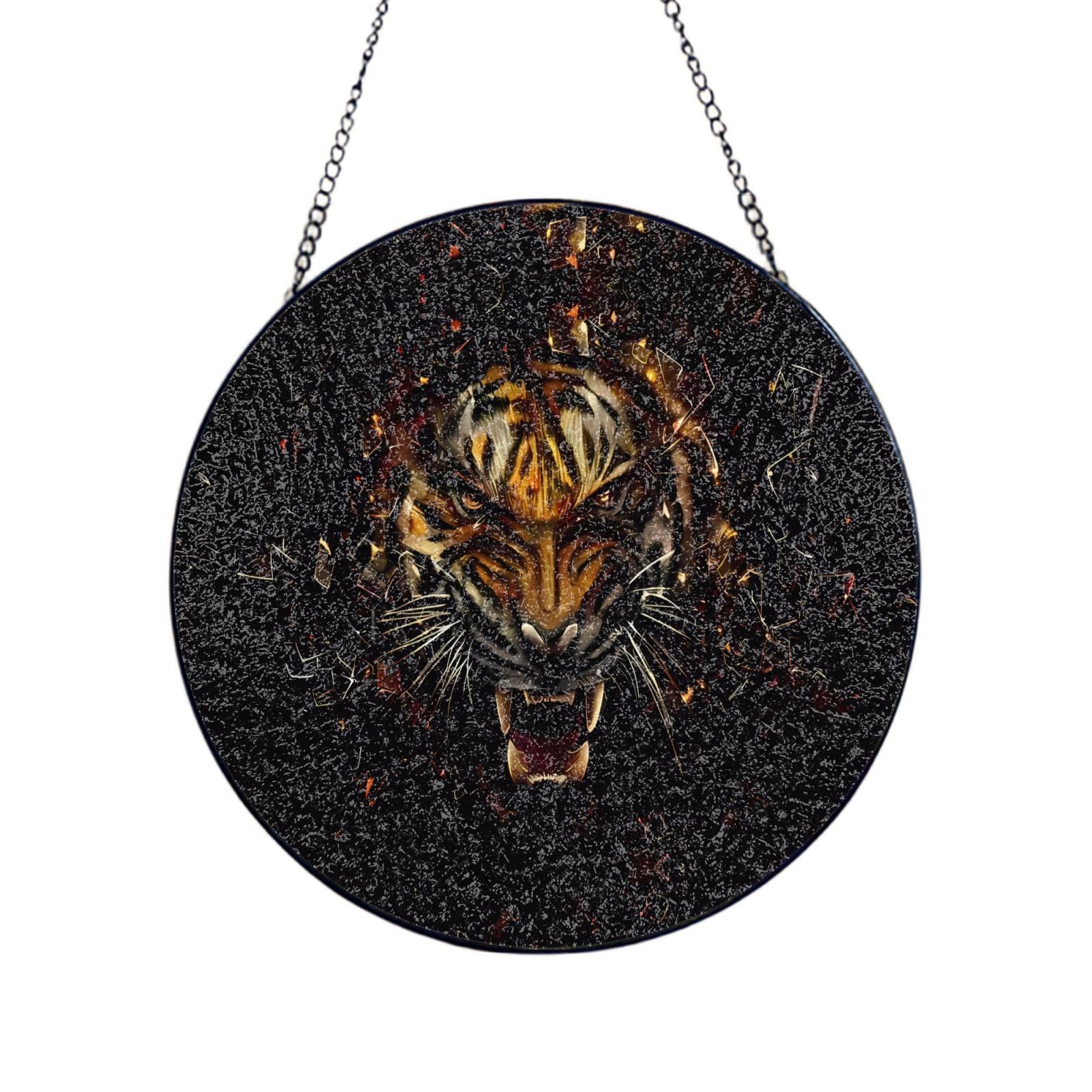 Phayah Ferocious Tiger Print Glass Window Hanging Round Suncatcher Glass Ornament Garden Wall Fence Decorations Indoor Outdoor 4in（10cm）