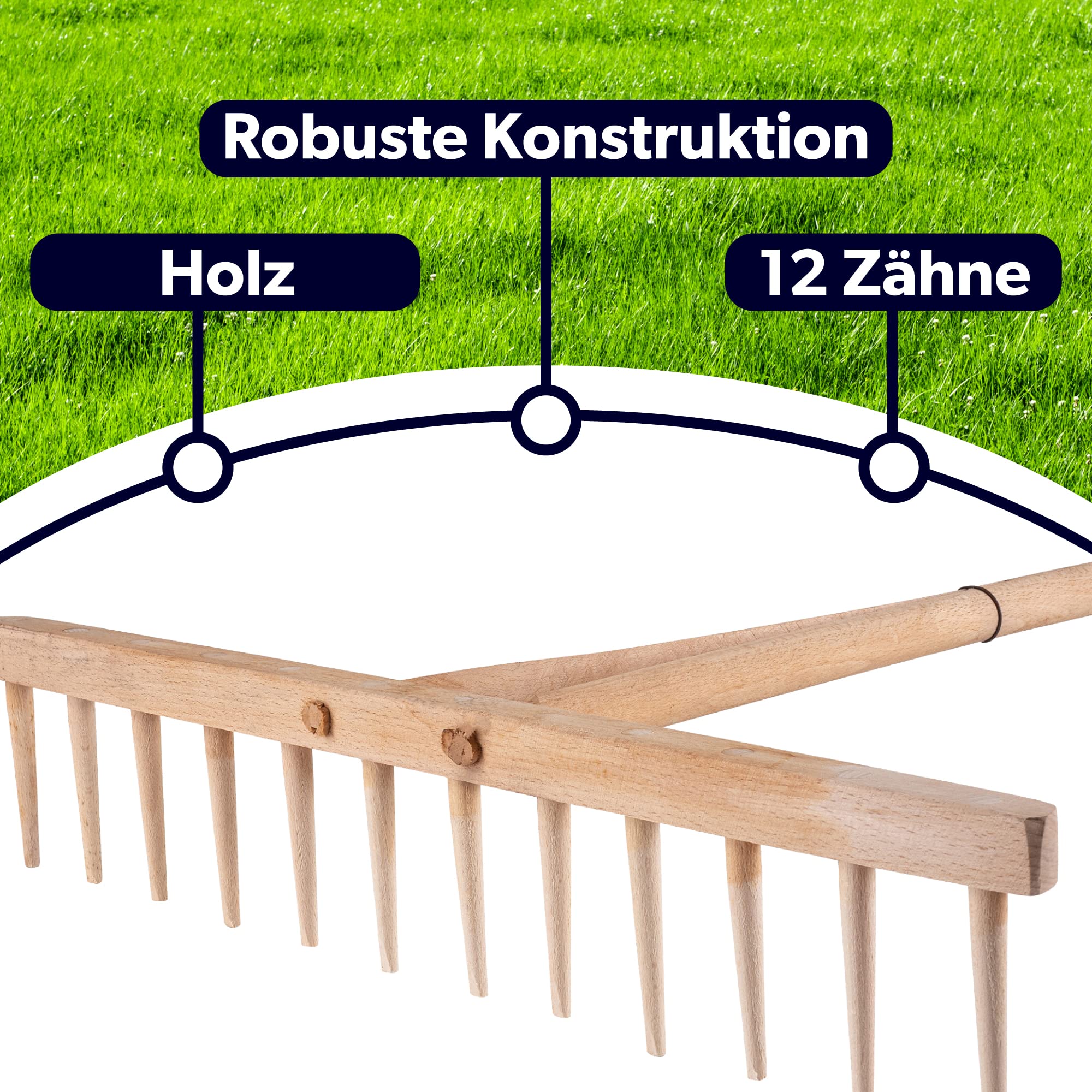KADAX Rastrello da Fieno con Manico Lungo in Legno - Manico Lungo in Legno - per Giardinaggio - presa lunga per lavorare in piedi