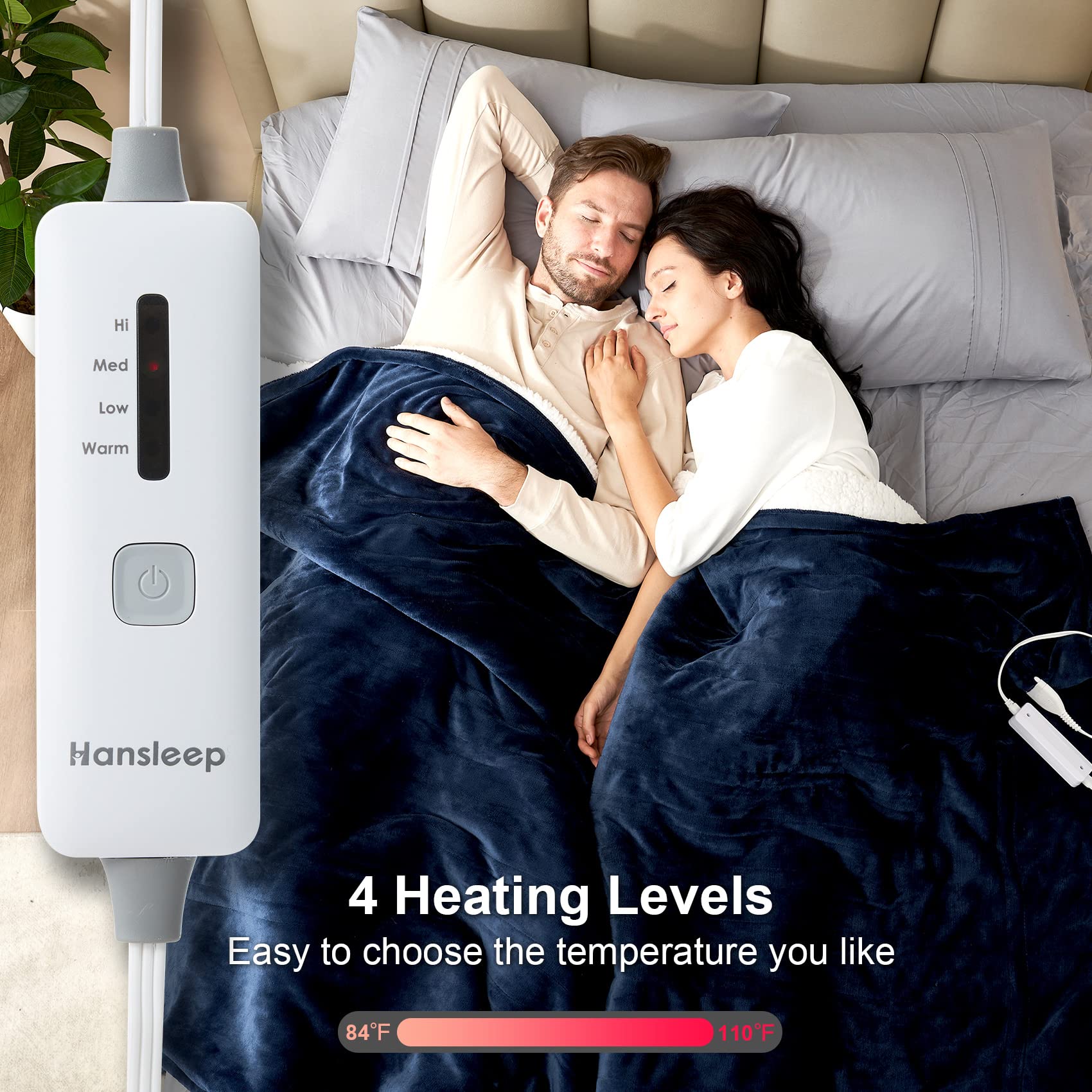 Hansleep Heated Blanket Electric Blanket Twin - Heating Blanket with 4 Heating Levels 10 Hours Auto Off, Super Cozy Machine Washable Sherpa Electric Throw Fast Heating, 62 x 84 Inches, Navy