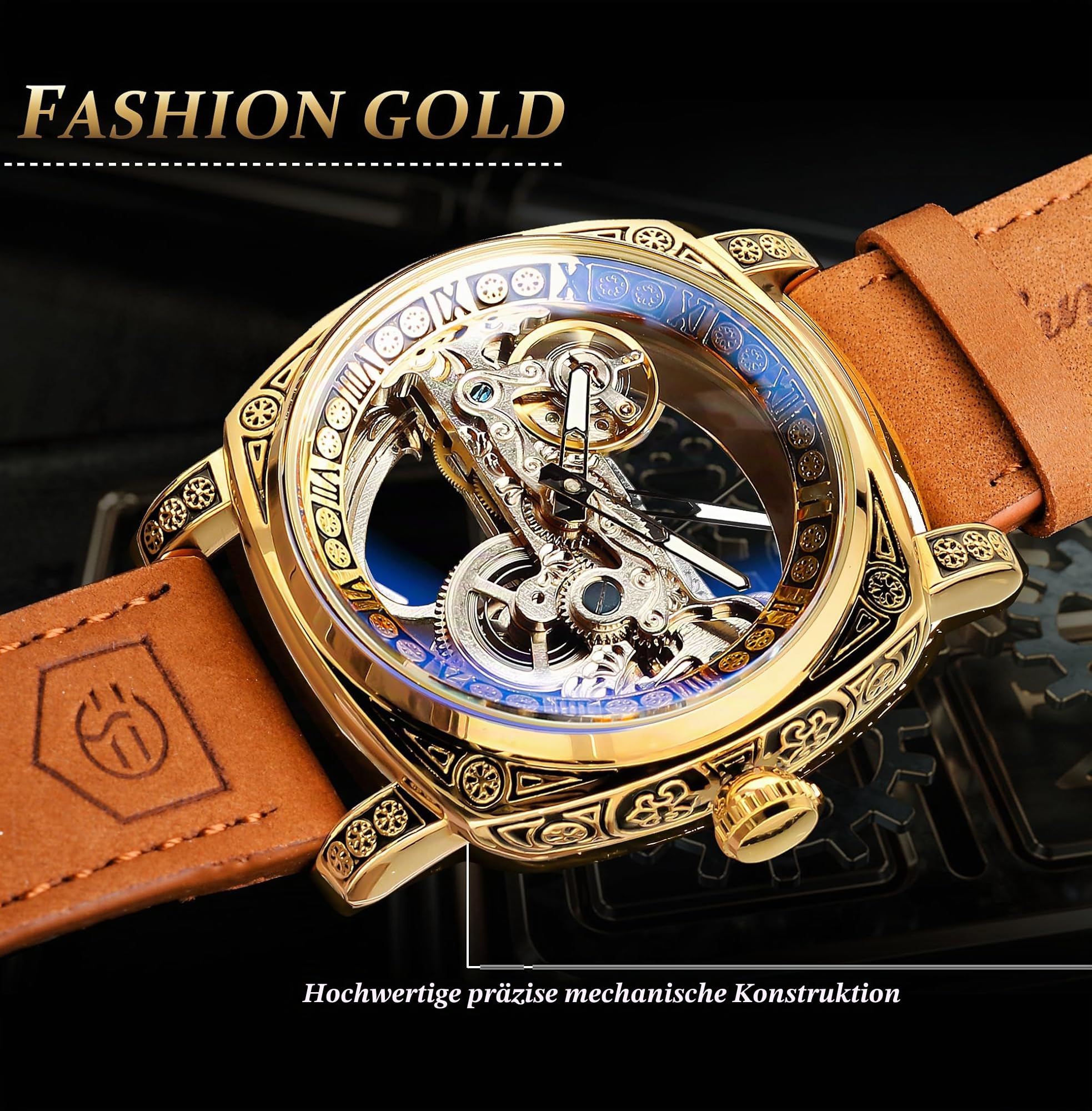 FORSINING Fancy Uhren für Männer, quadratische Retro mechanische Uhr Self-Wind geschnitzt, Gear Uhrwerk Golden Skelett Automatische Uhren Vintage Lederarmband Armbanduhr