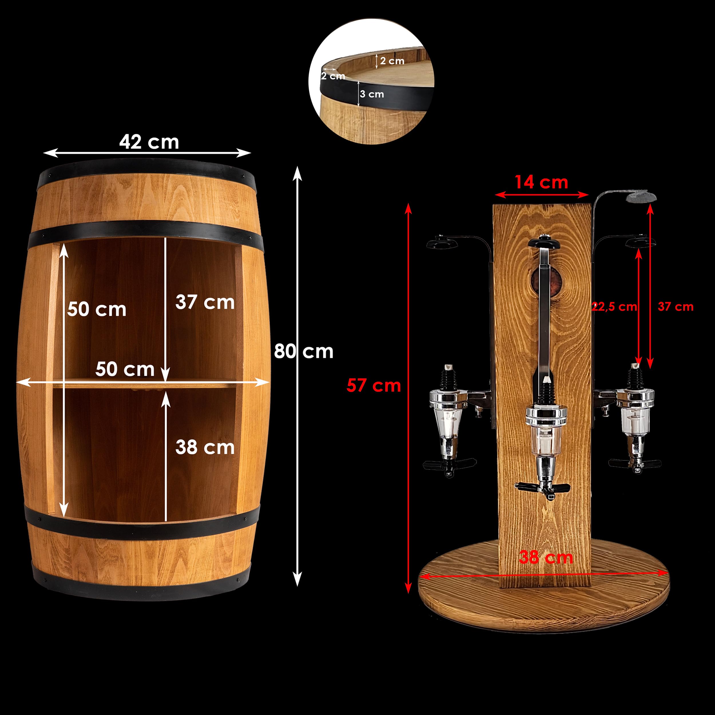 CREATIVE COOPER Juego de un barril de vino de madera con estante y un soporte para alcohol con 4 vertedores de roble