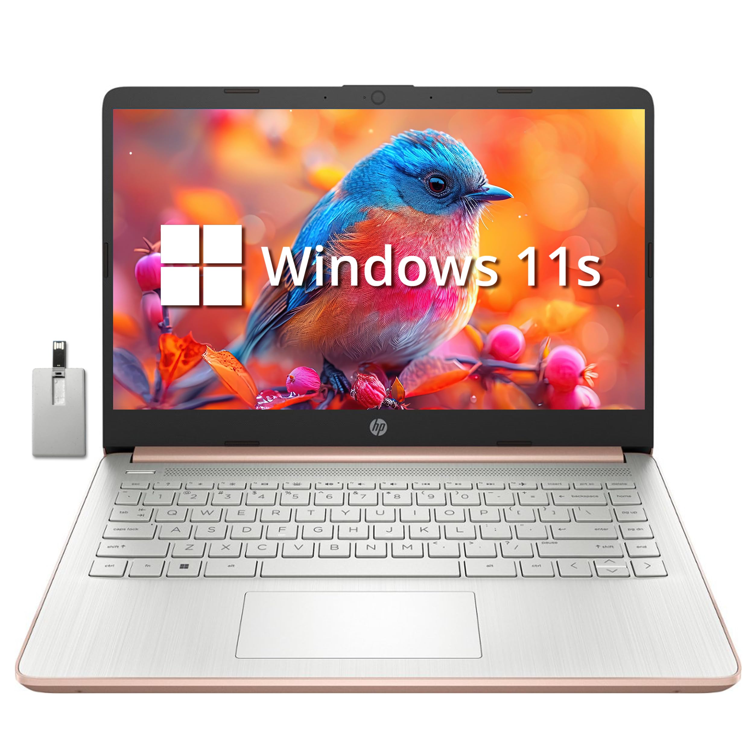 HP 2022 Stream 14" HD BrightView Laptop, Intel Celeron N4120, 16GB RAM, 64GB SSD, Intel HD Graphics, 720p Webcam, 1 Year Office 365, Gold, Win 11, 32GB Snowbell USB Card