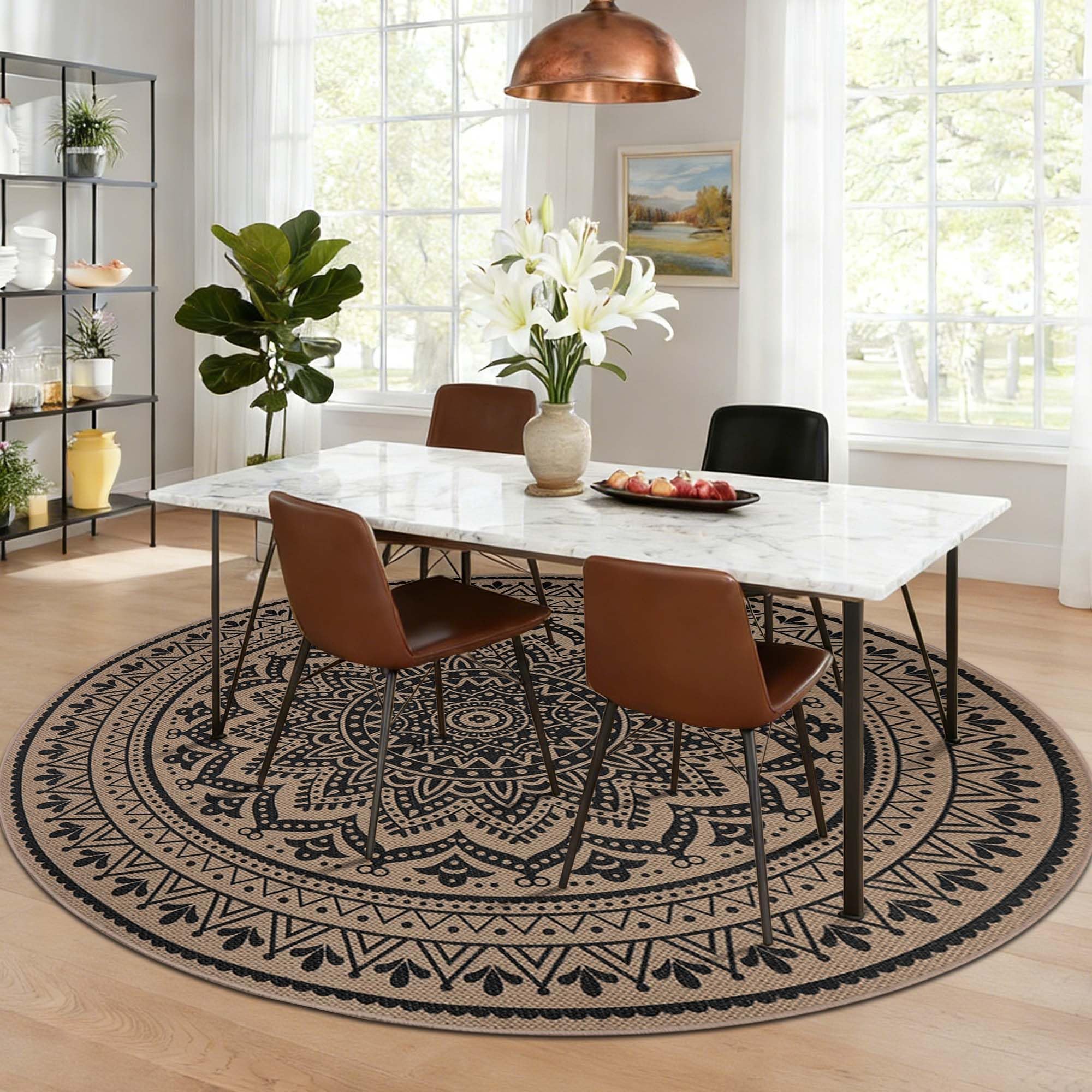 Homcomodar Tapis rond 120 cm, aspect jute, tapis de salon, extérieur, lavable, style bohème, marron, pour chambre, balcon, terrasse