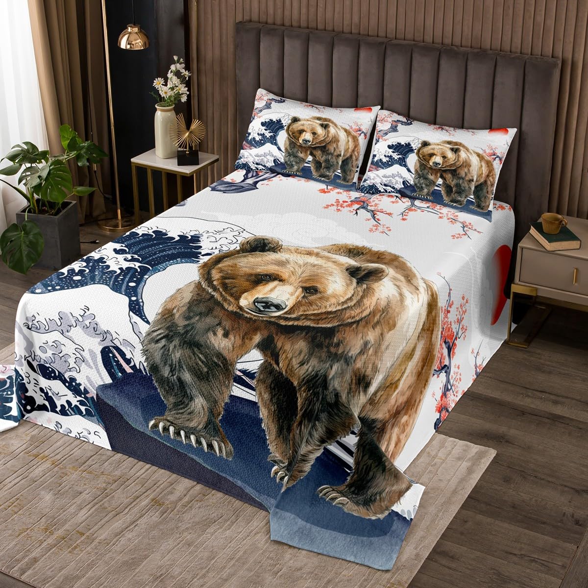 Erosebridal Safari Bear Queen Quilt Set Japanese Ukiyoe Coverlet Set, Marine Sea Ocean Wave Bedding Set Jungle Wildlife Bedspread Set for Kids Boys Girls, Wild Animal Bed Quilt