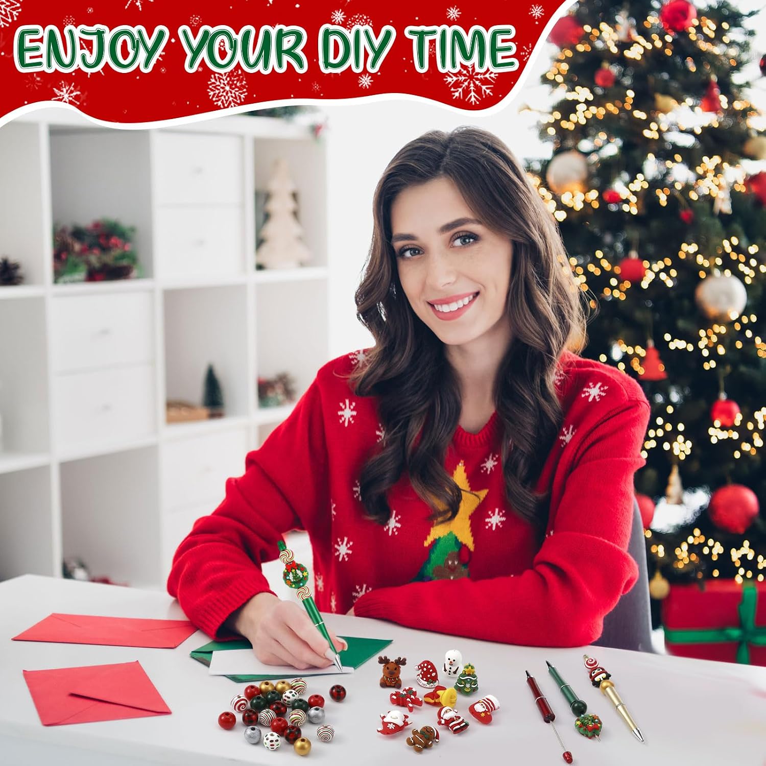 12 Set Christmas Beaded Pens Making Kit with 3D Focal Beads