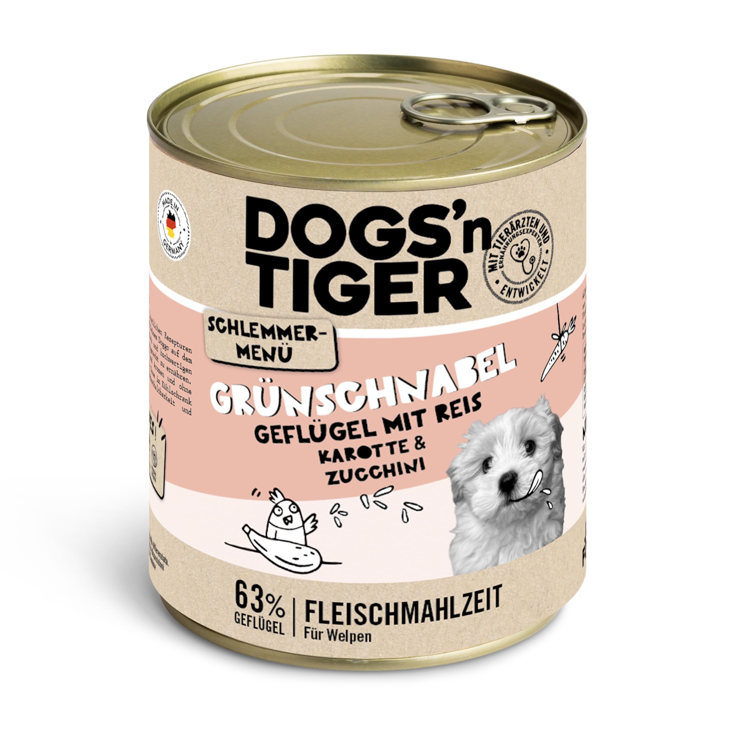 Dogs'n Tiger Junior, Comida para Perros, picor Verde, alimento para Cachorros con Pollo, arroz y Verduras, sin Cereales, azúcar añadido, conservantes Artificiales, 12 x 800 g