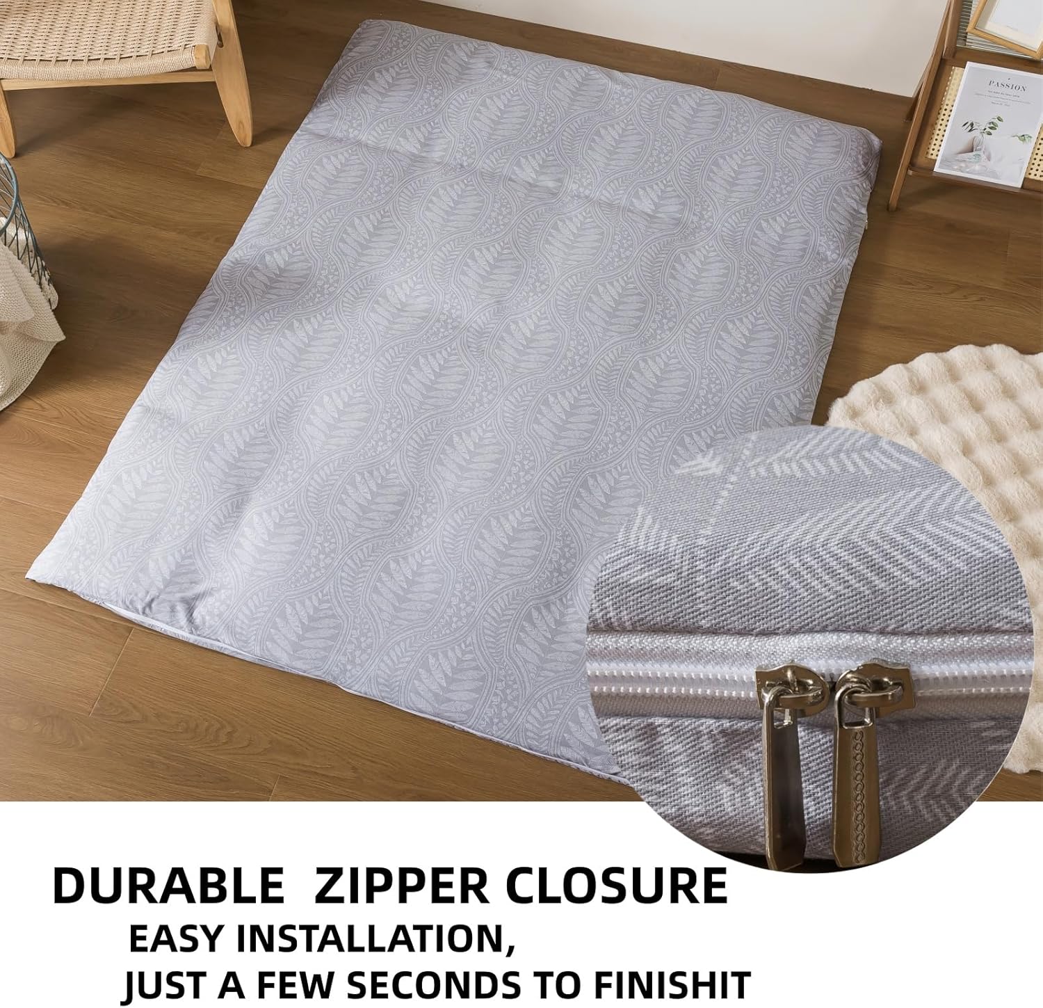 100% Cotton Futon Cover for Japanese Futon Floor Mattress with Zipper Twin Full Queen Machine Washable Super Soft (Grey Leaf, Queen)