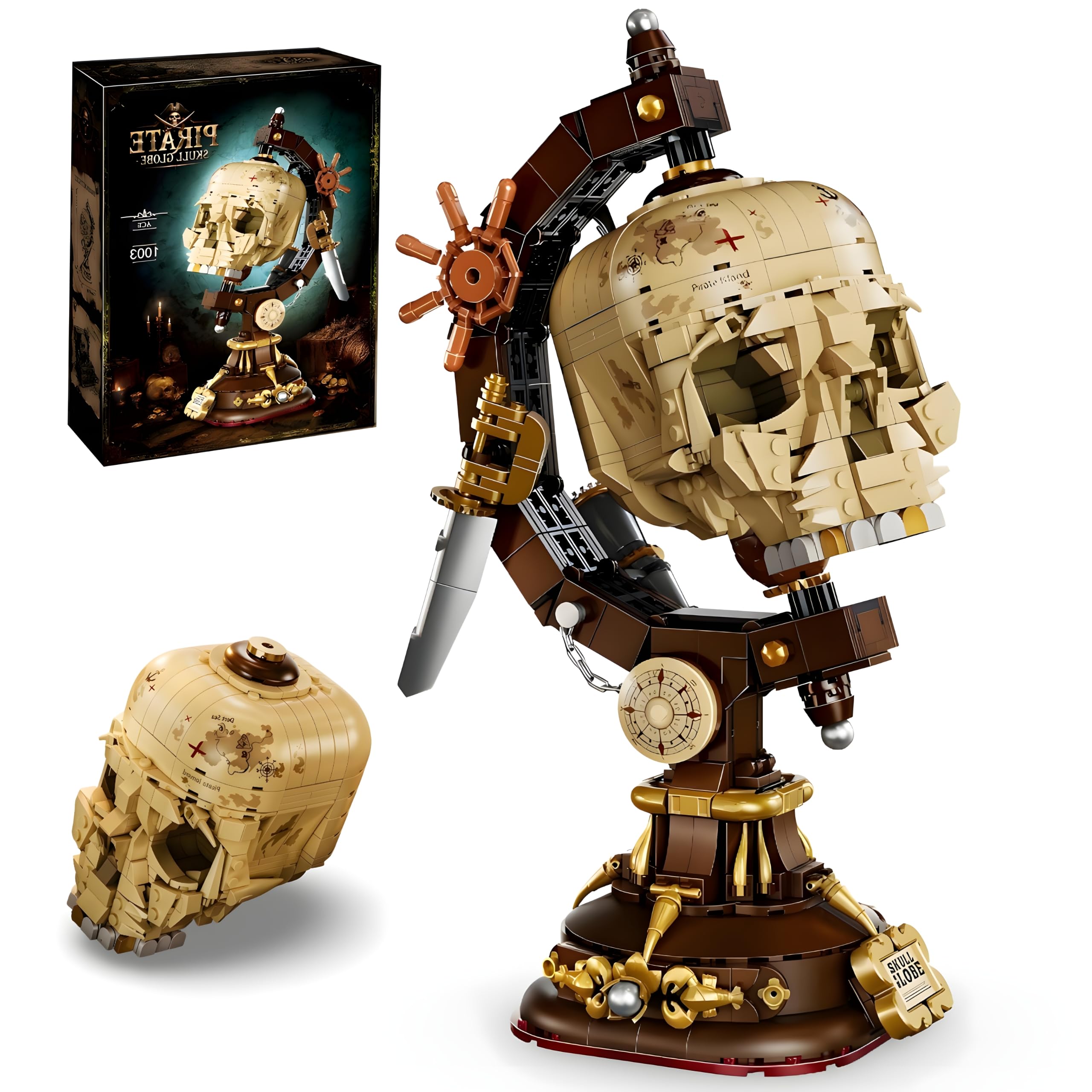Unativer Skull Globe Building Blocks Set, 1136 PCS Pirate Vintage Skeleton Map Head Model Kit with Anchor Spyglass Stand, Collectible Nautical Maritime Sculpture Building Toys for Adults & Teens