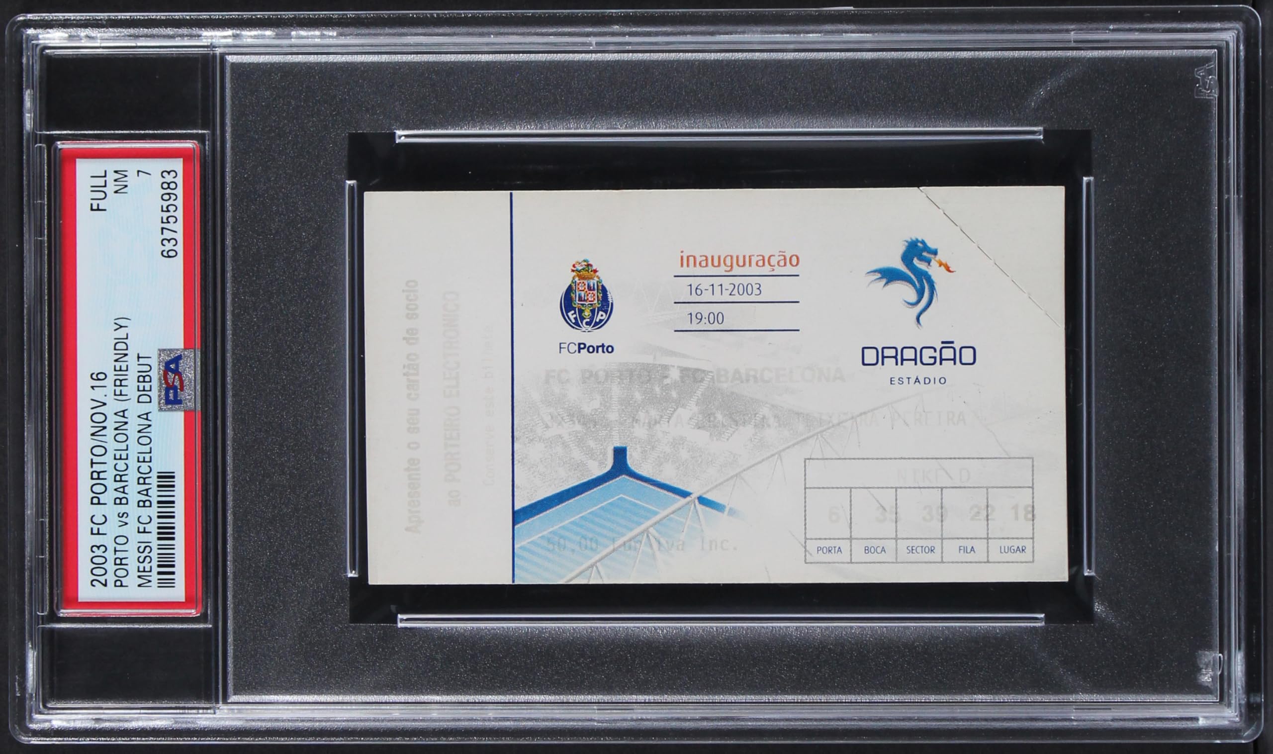 Barcelona Lionel Messi Club Debut Full Ticket Stub Graded NM 7! PSA/DNA Slabbed