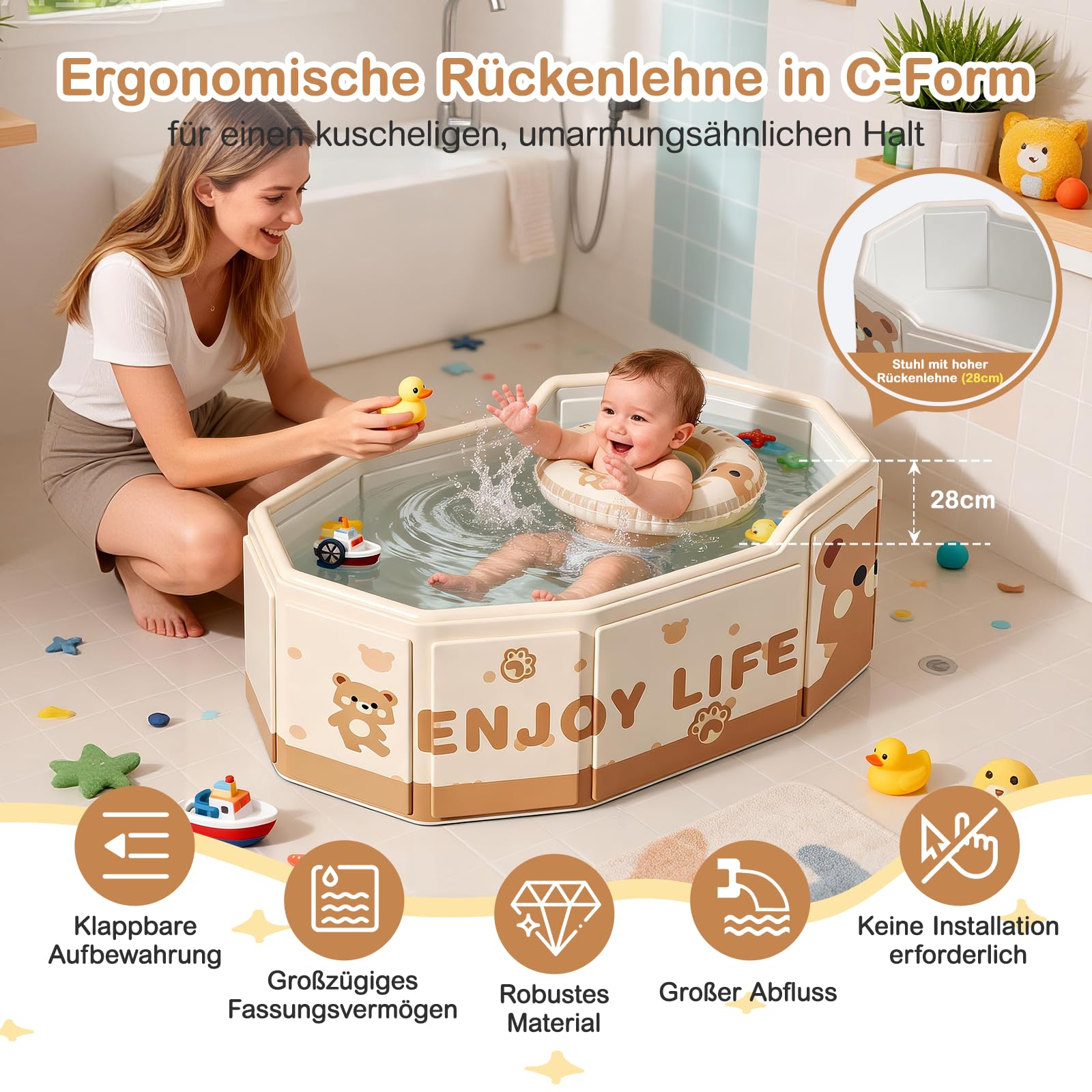 Babybadewanne faltbar, tragbare Babywanne 0-8 Jahre, Kinderplanschbecken & kleiner Kinderpool für Dusche und Badewanne, mit Ablassschraube, kompakt, leicht, platzsparend, reisefreundlich ideal