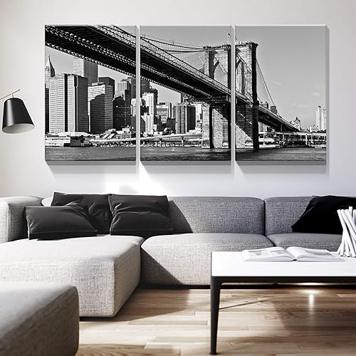 Miniatura 10 de Denozer - 3 paneles de impresiones artísticas en lienzo - Impresiones modernas de Nueva York, paisaje urbano, puente de Brooklyn, arte de pared para