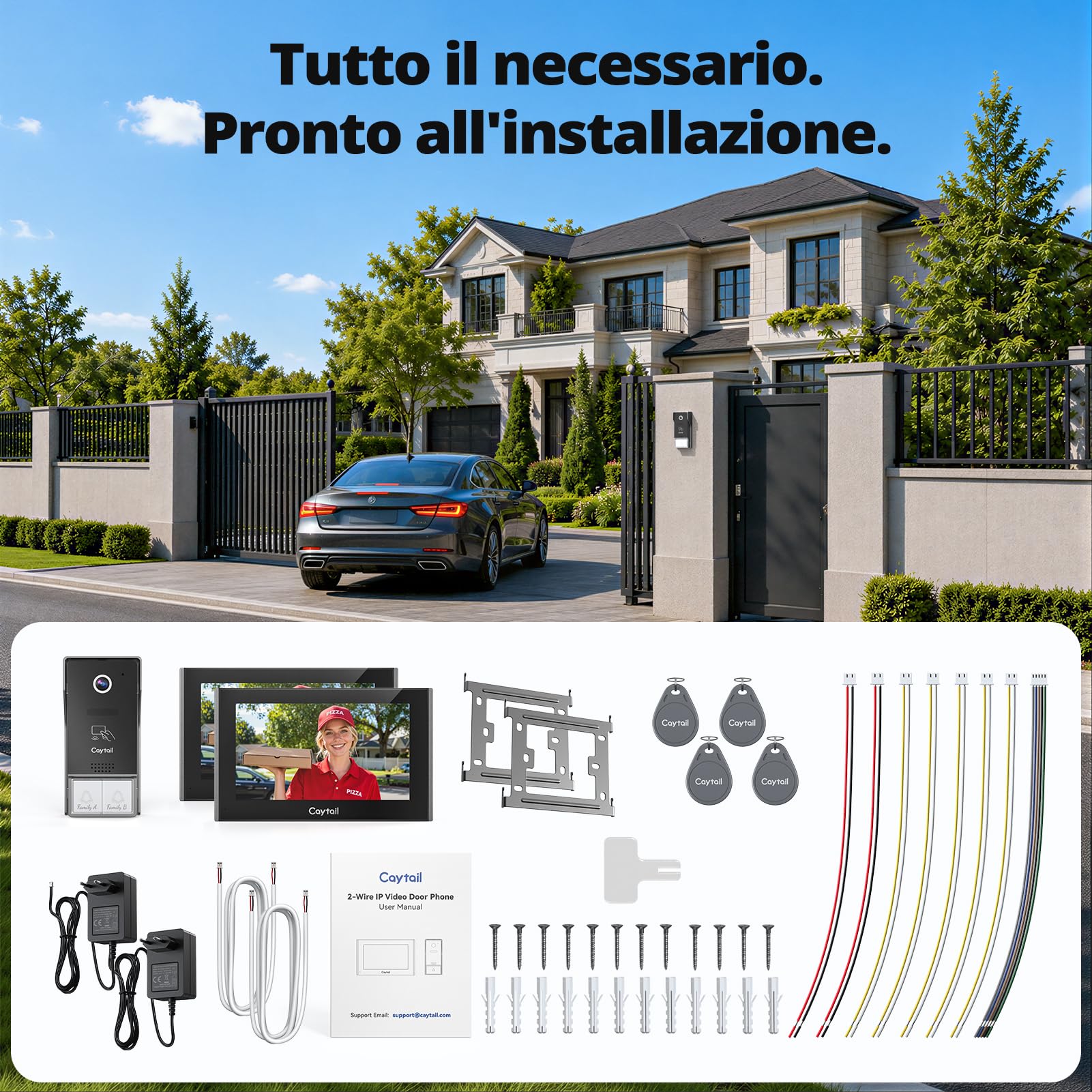 Kit Videocitofono 2 Fili WiFi6 Dual Band 2 Famiglie, Schermo Touch 7" IPS, Telecamera 1080P Visione Notturna, Audio Bidirezionale, Sblocco Remoto, RFID, Rilevamento Umano