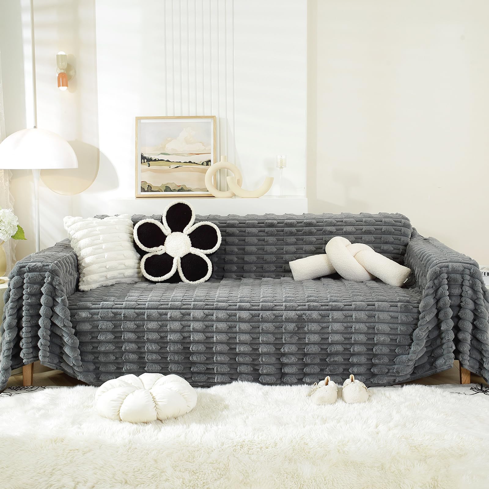 Couverture canapé de style moderne en peluche épaisse gris foncé