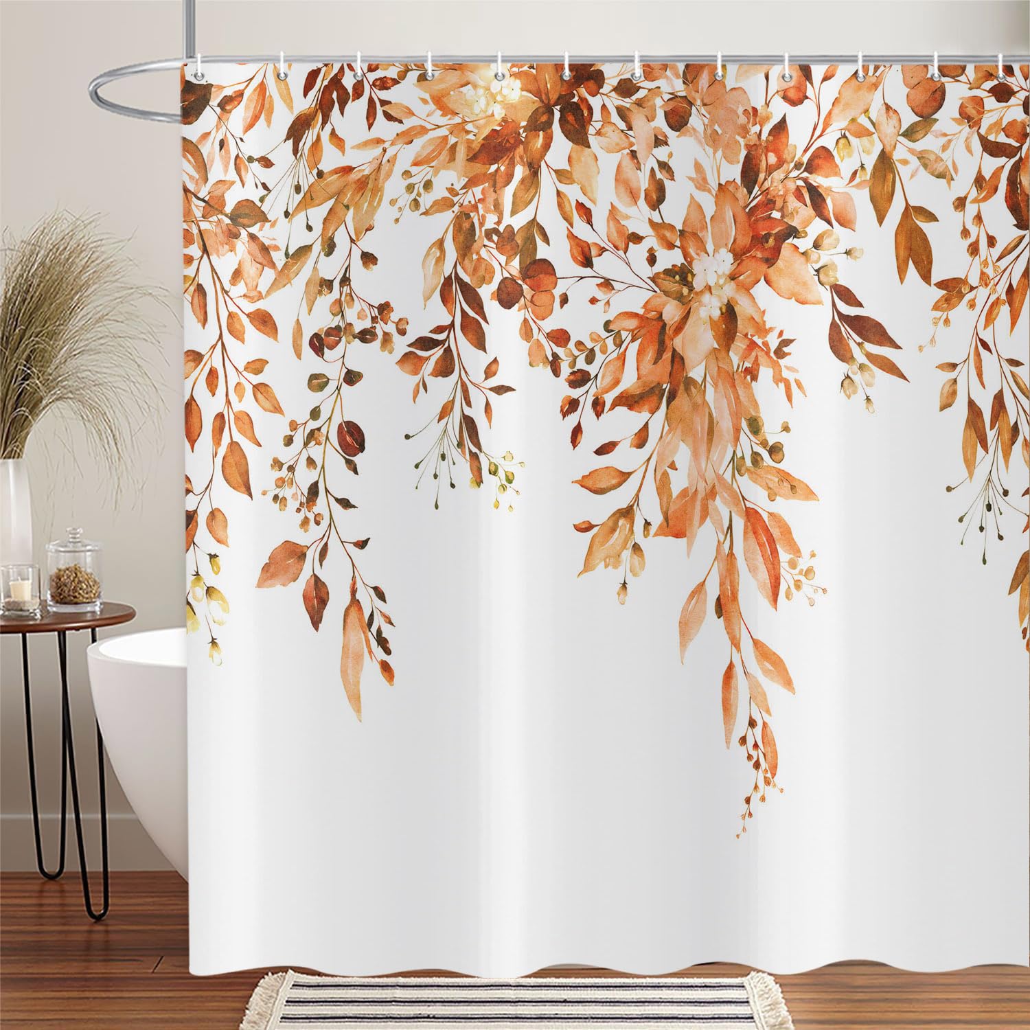 ASDCXZ Orange Eucalyptus Shower Curtain 180x220 cm, Spring Watercolor Eucalyptus Leaves Floral Plants Waterproof Bath Curtain Polyester Textile Washable Shower Curtains for Bathtub with 12 Hooks