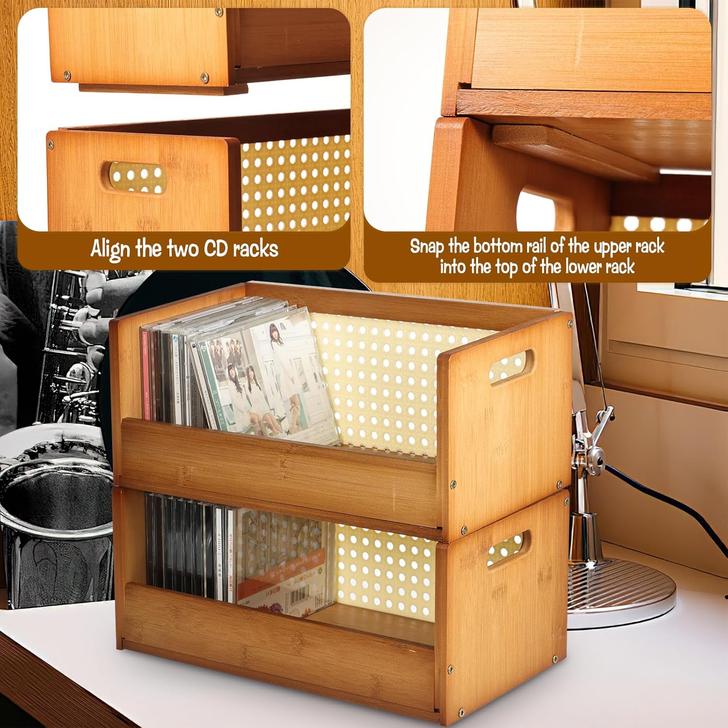 2 Set Bamboo CD Storage Box, Stackable CD Holder Racks Organizer Shelf for Movie Cases, DVDs, Cassette Tape Display Stand, Disc Holder with Carrying Handles