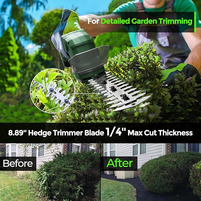 This electric shrub trimmer kit comes with a charger included, allowing for easy recharging of the battery when needed. The lightweight and ergonomic design of the trimmer makes it comfortable to use for longer periods of time without causing strain or fatigue. The forest green color adds a touch of style to the tool, while also ensuring it is easy to spot and locate while working in the garden.