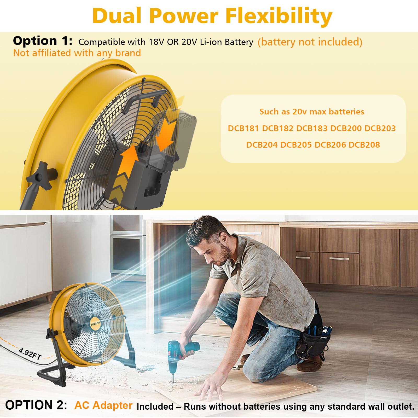 Akku Bodenventilator kompatibel mit Dewalt 18/20V Akku, 12 Zoll Kabelloser Ventilator Leise, Netzteil, USB Ladeanschluss, Stufenlos Regelbar für Baustelle, Werkstatt, Camping (ohne Akku)