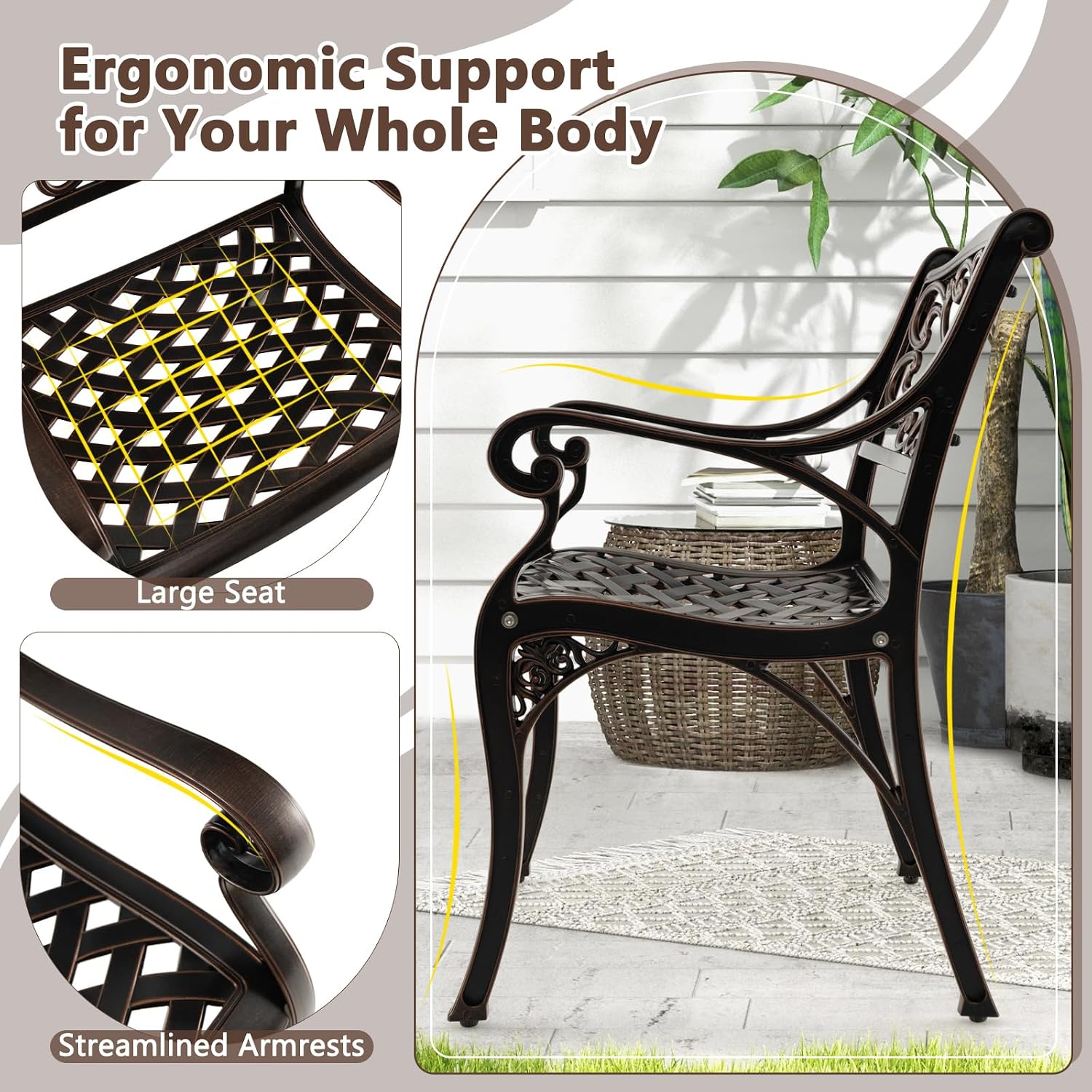 Giantex Cast Aluminum Patio Chairs Set of 4, All Weather Outdoor Dining Chairs w/Armrests and Curved Seats, Heavy Duty Metal Bistro Chairs for Porch, Garden, Poolside, Backyard, Bronze (Vintage, 2)