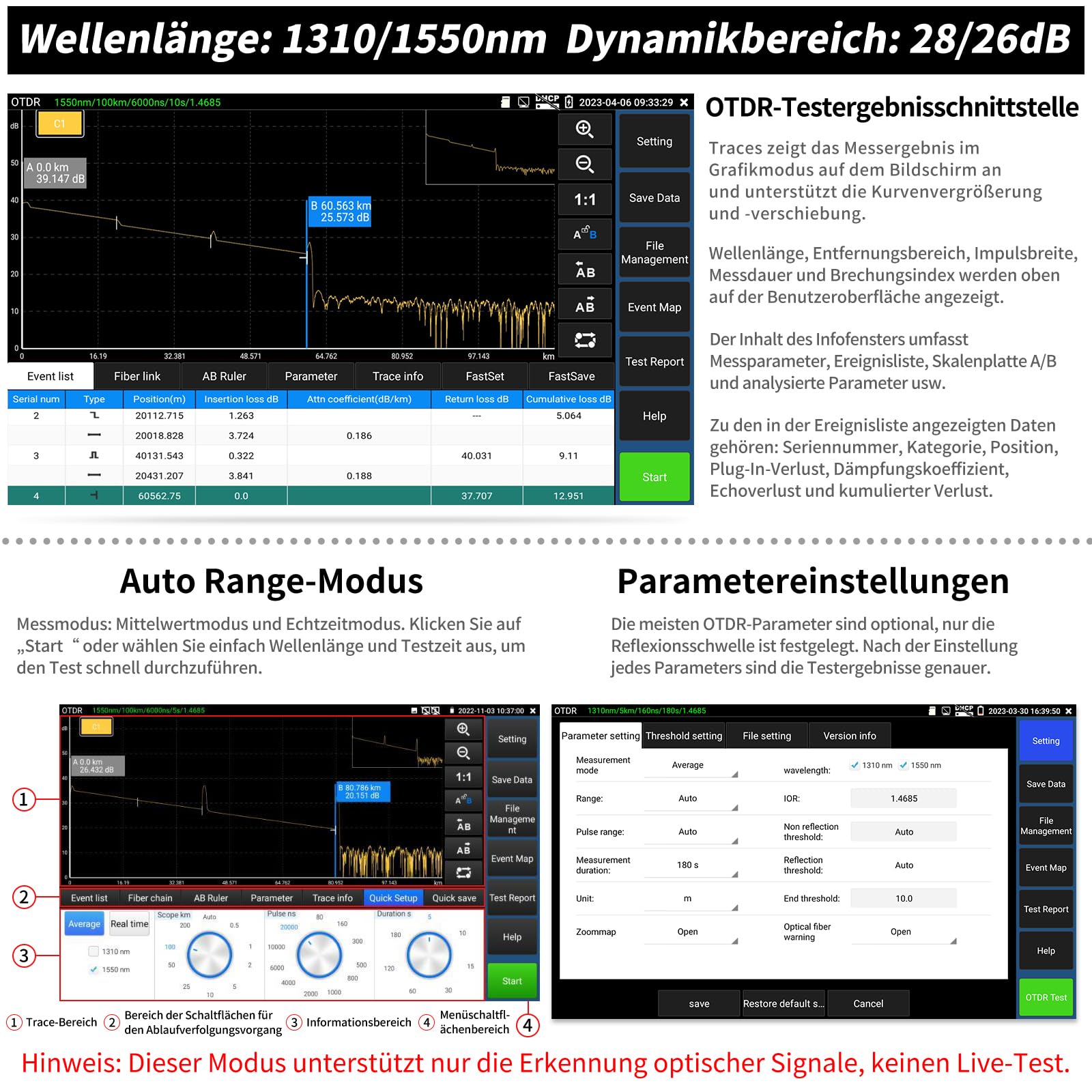 Henkion OTDR-Fasertester RSO-5500, 1310/1550 nm, 28/26 dB, 5,4 Zoll IPS Touchscreen, OTDR-Glasfasertest, VFL/OPM/LS/OLS, IP-Kameratester, FC UPC SC ST LC, Ereigniskarte, Kabeltest, Netzwerk-Tools