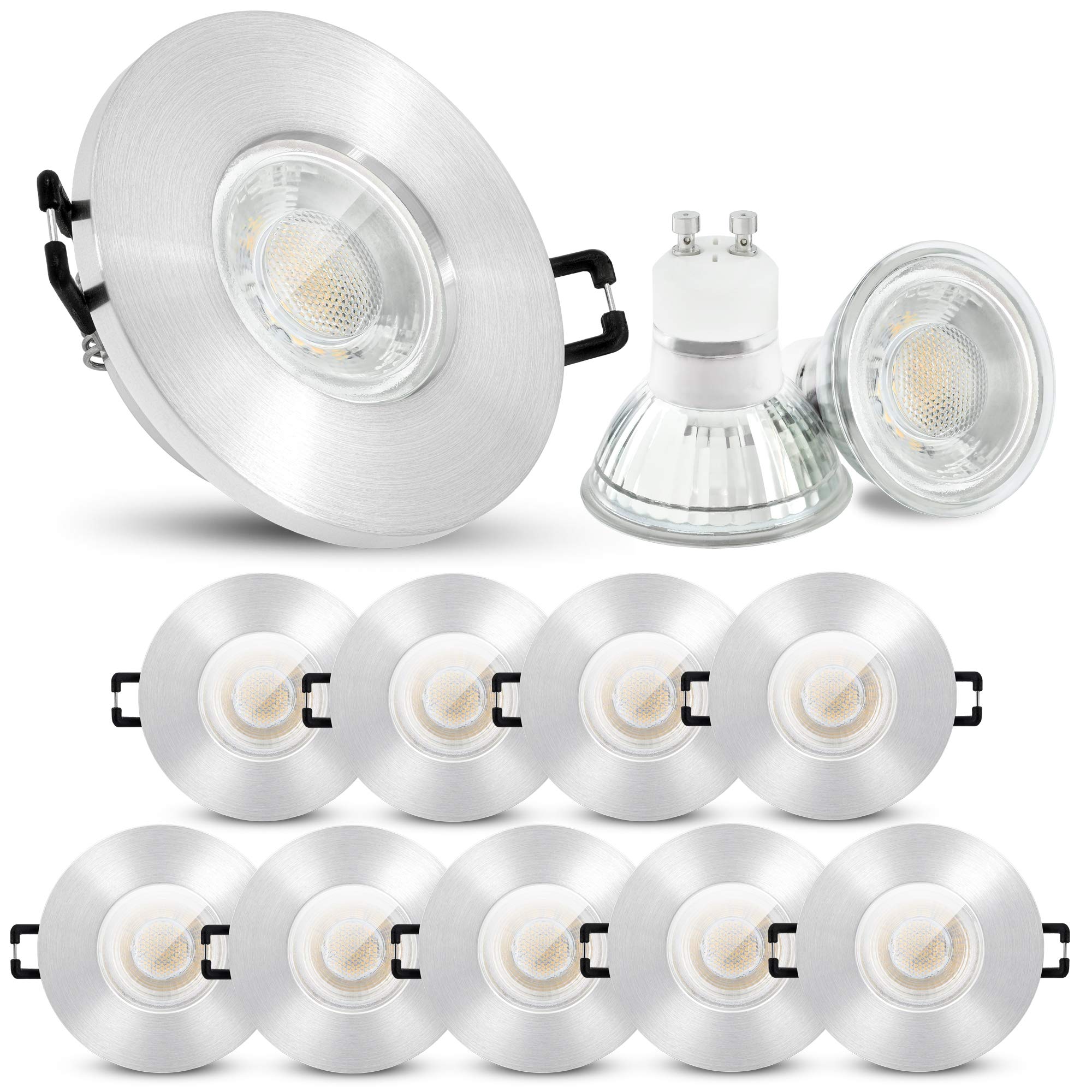 linovum ISASO Einbaustrahler 10er Set silber IP65 GU10 2W warmweiß inkl LED | Zehn Deckenspots IP65 Alu gebürstet - warmweiß, mit Glasscheibe für Bad, Dusche & außen, für GU10, inkl. LED
