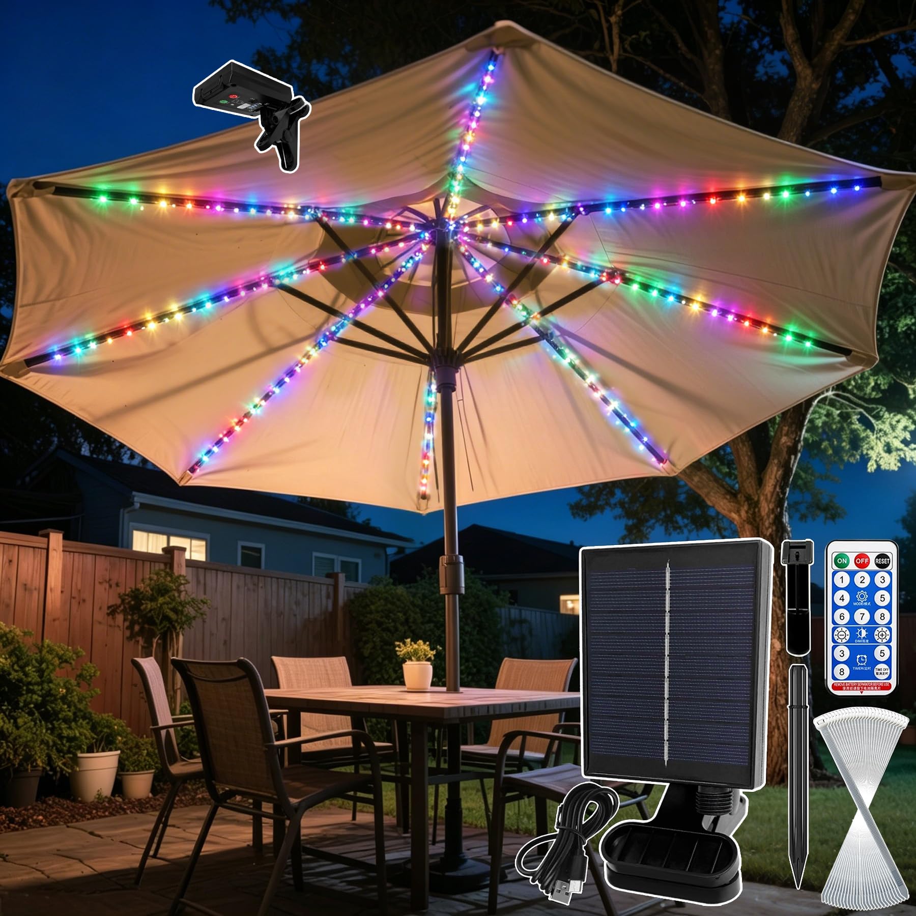 VEEKAY Solar Lights for Parasols, Solar Lights for Parasols, 104 LED Lights for Outdoor Umbrellas, Remote Control, IP67 Waterproof Chain of Lights, 8 Brightness Modes, for Outdoors, Patio