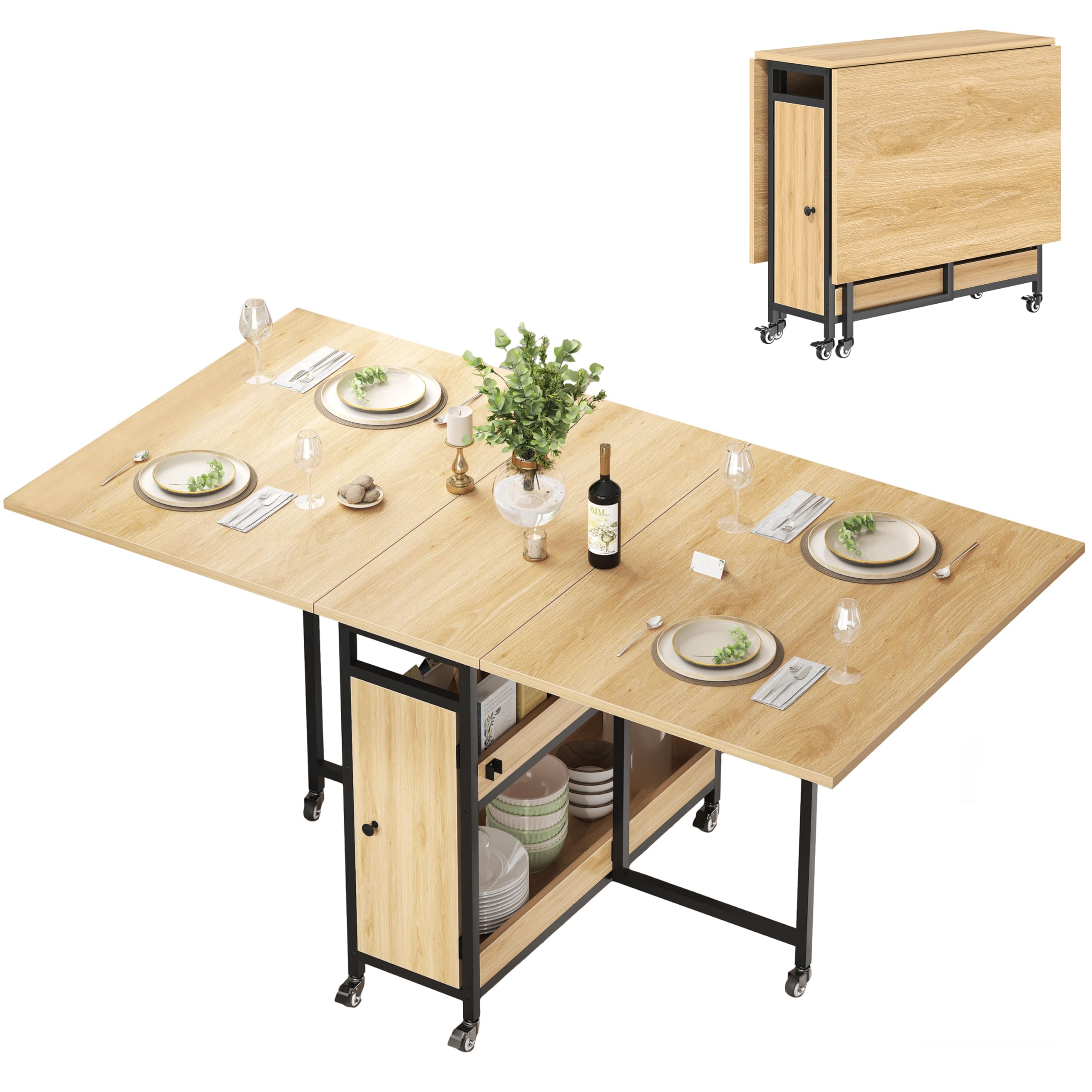 HSH Dining Table Mobile Drop Leaf Desk Wooden Metal Extendable Folding Table with Storage Shelves and Wheels, Space Saving Extending Kitchen Table for Dining Room, Kitchen, 130×80cm, Oak