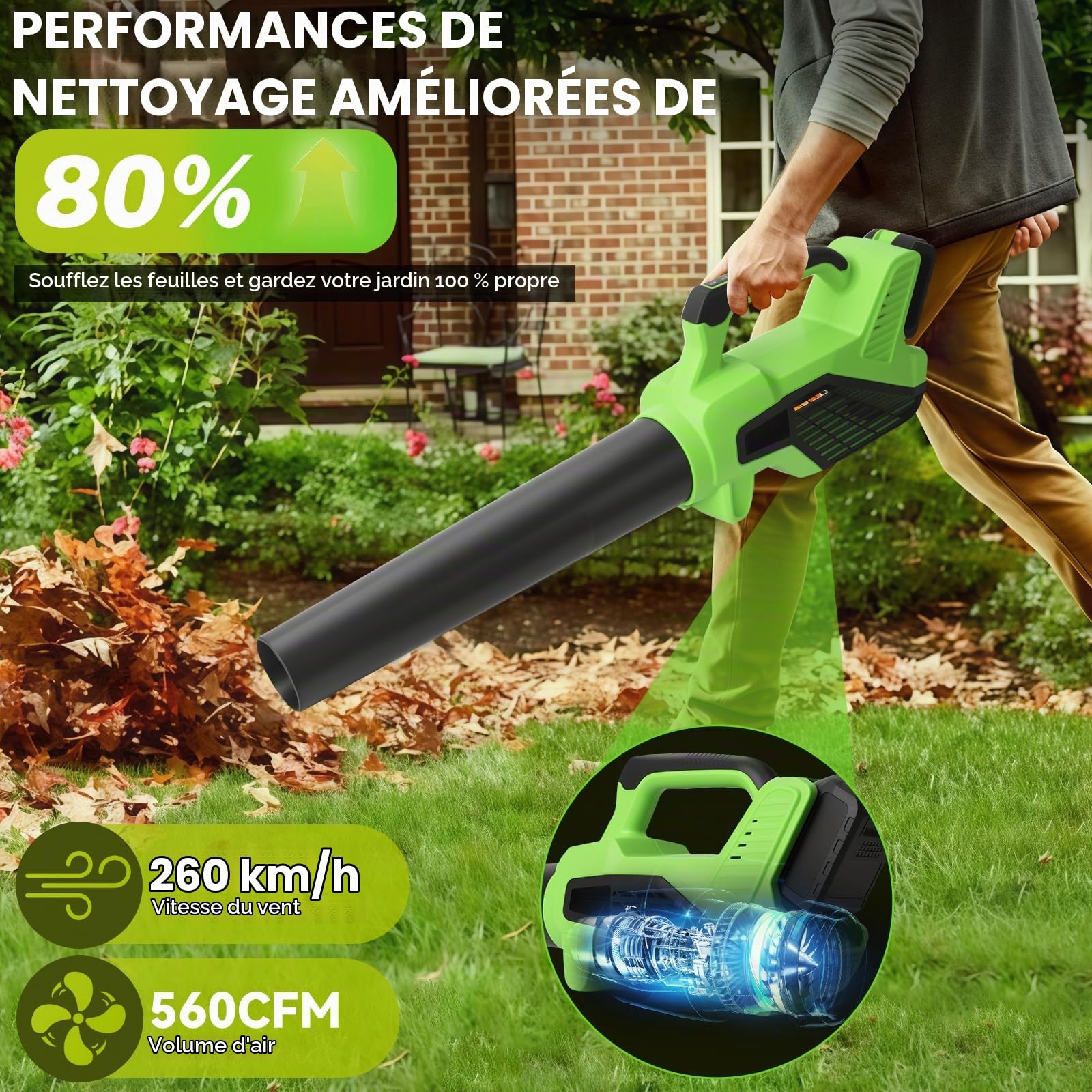 Souffleur de Feuilles, Souffleur Batterie avec 6 Vitesses, Débit d’air de 980 m³/h, 15000 TR/Min, Souffleur Feuille avec 2x4000 mAh Batterie pour Jardin Cour Pelouse