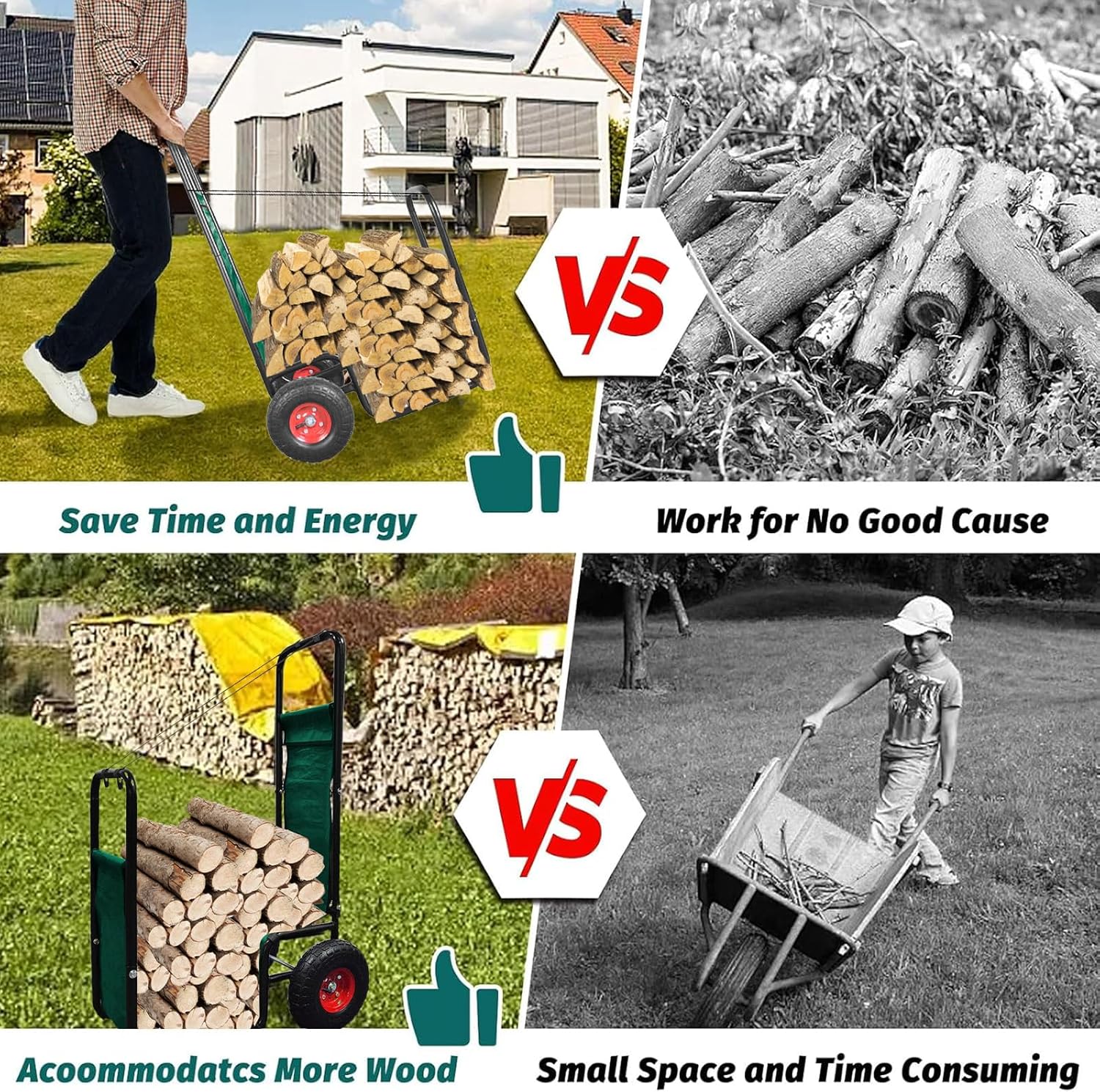 Firewood Cart with Wheels: 260 lbs Capacity Log Dolly Carrier with Pneumatic Wheels & Fabric Liner - Easy Roll Wood Mover for Farm, Indoor & Outdoor Use - Heavy Duty Steel Construction