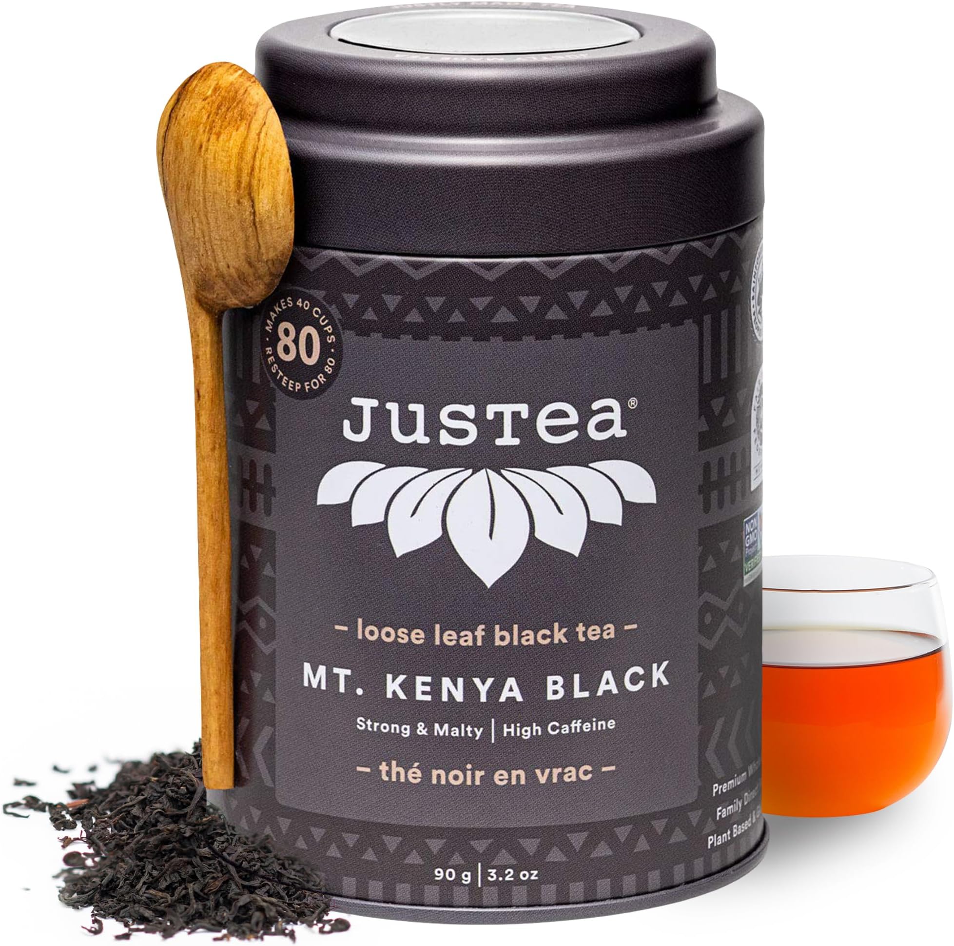 JusTea MT. KENYA BLACK | Loose Leaf Black Tea | Tin with Hand Carved Tea Spoon | 40+ Cups (3.2oz) | High Caffeine | Award-Winning | Fair Trade | Non-GMO