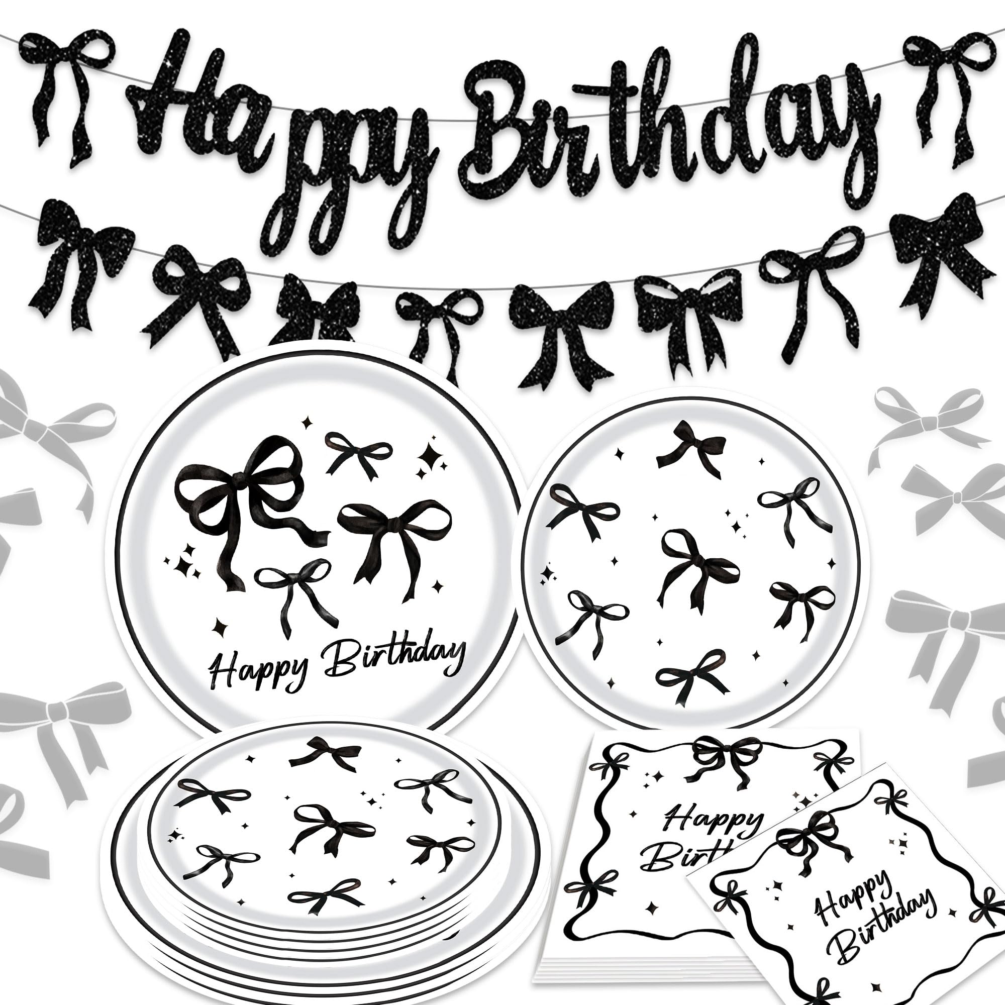 Black Bow Birthday Decorations Bow Banner Black Bowknot Theme Plates Napkins for Birthday Party Supplies Favors 20 Guests