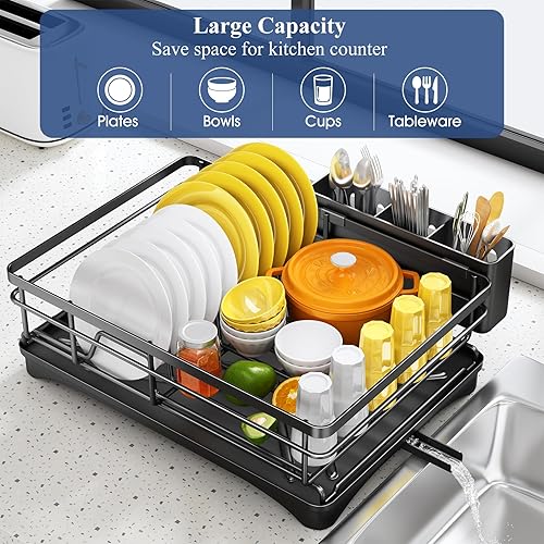 Miniatura 2 de Escurridor de platos para encimera de cocina, escurridor grande con escurridor, escurridor de platos inoxidable con soporte para utensilios para
