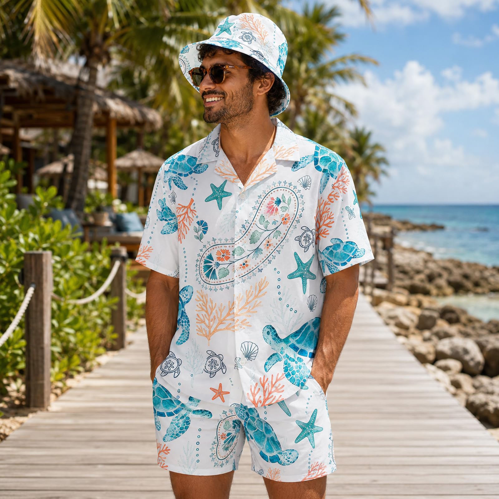 Camicia hawaiana da uomo con pantaloncini e cappello, outfit hawaiano da uomo, camicia hawaiana per festival, costume estivo da uomo Mallorca