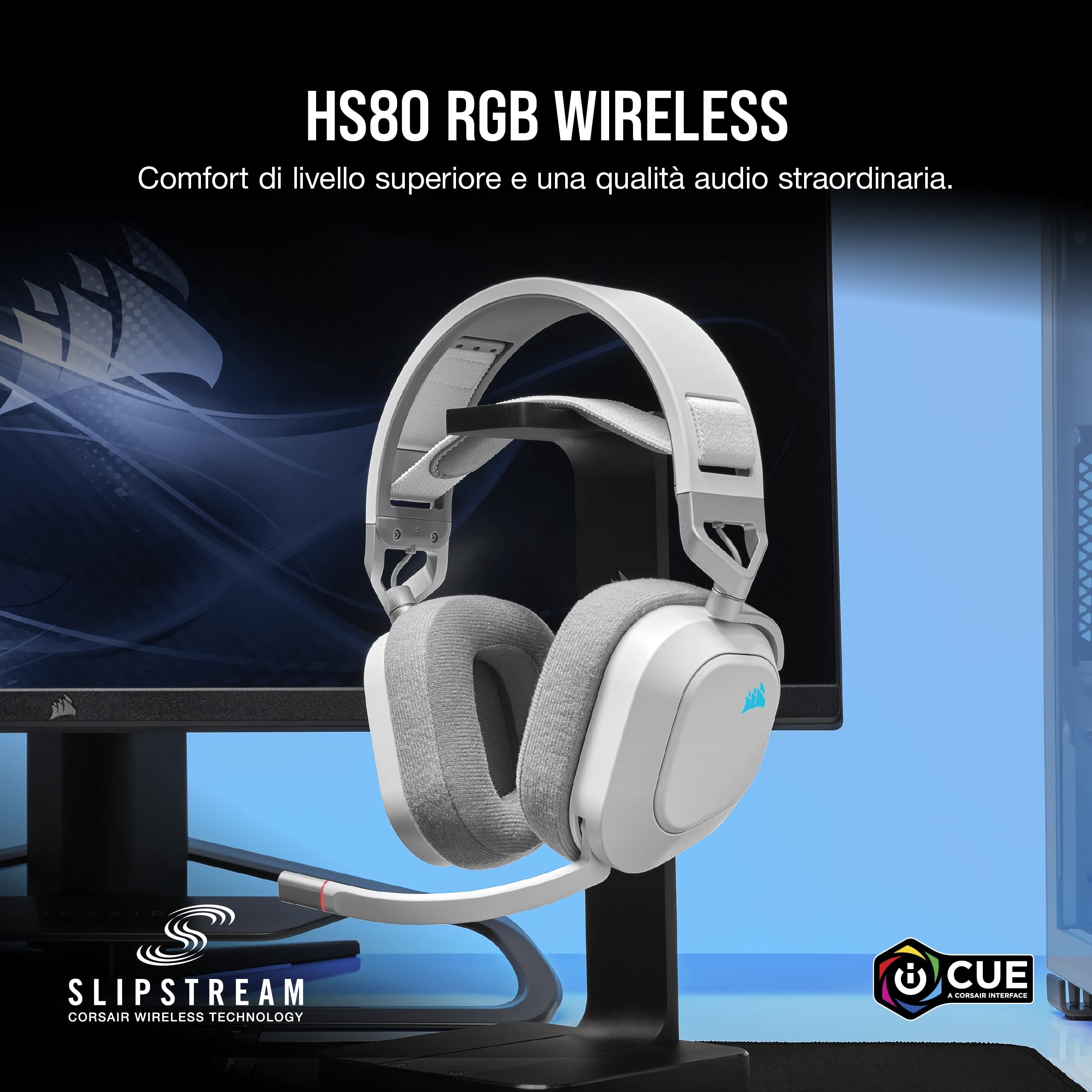CORSAIR HS80 RGB WIRELESS Cuffie da Gioco Multipiattaforma - Dolby Atmos - Microfono Omnidirezionale - Compatibile con iCUE - PC, Mac, PS5, PS4 - Bianco