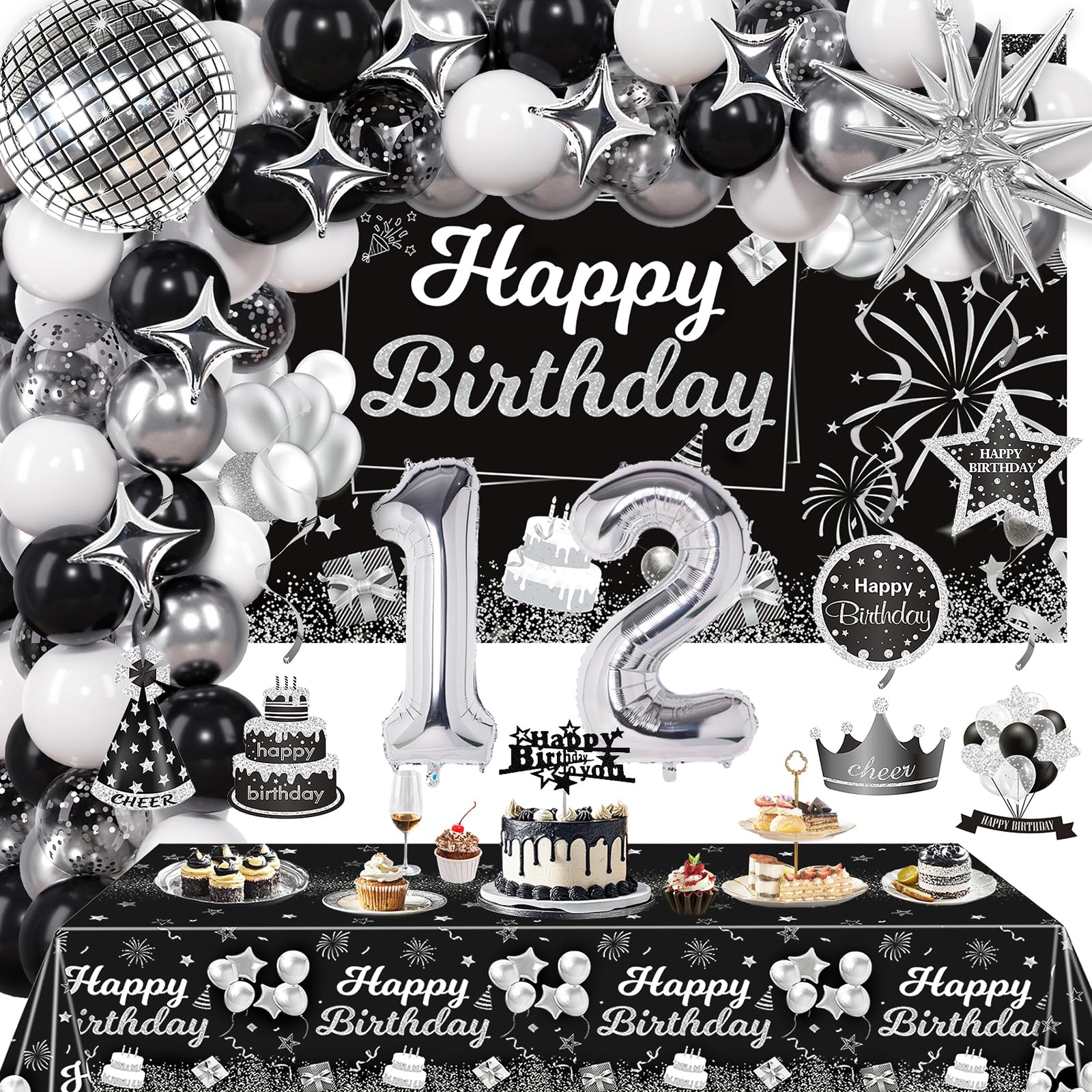 Miidenks 12th Birthday Decorations Set for Boy Girl,Black Silver Happy 12 Birthday Party Supplies with Birthday Backdrop Banner Birthday Tablecloth 12