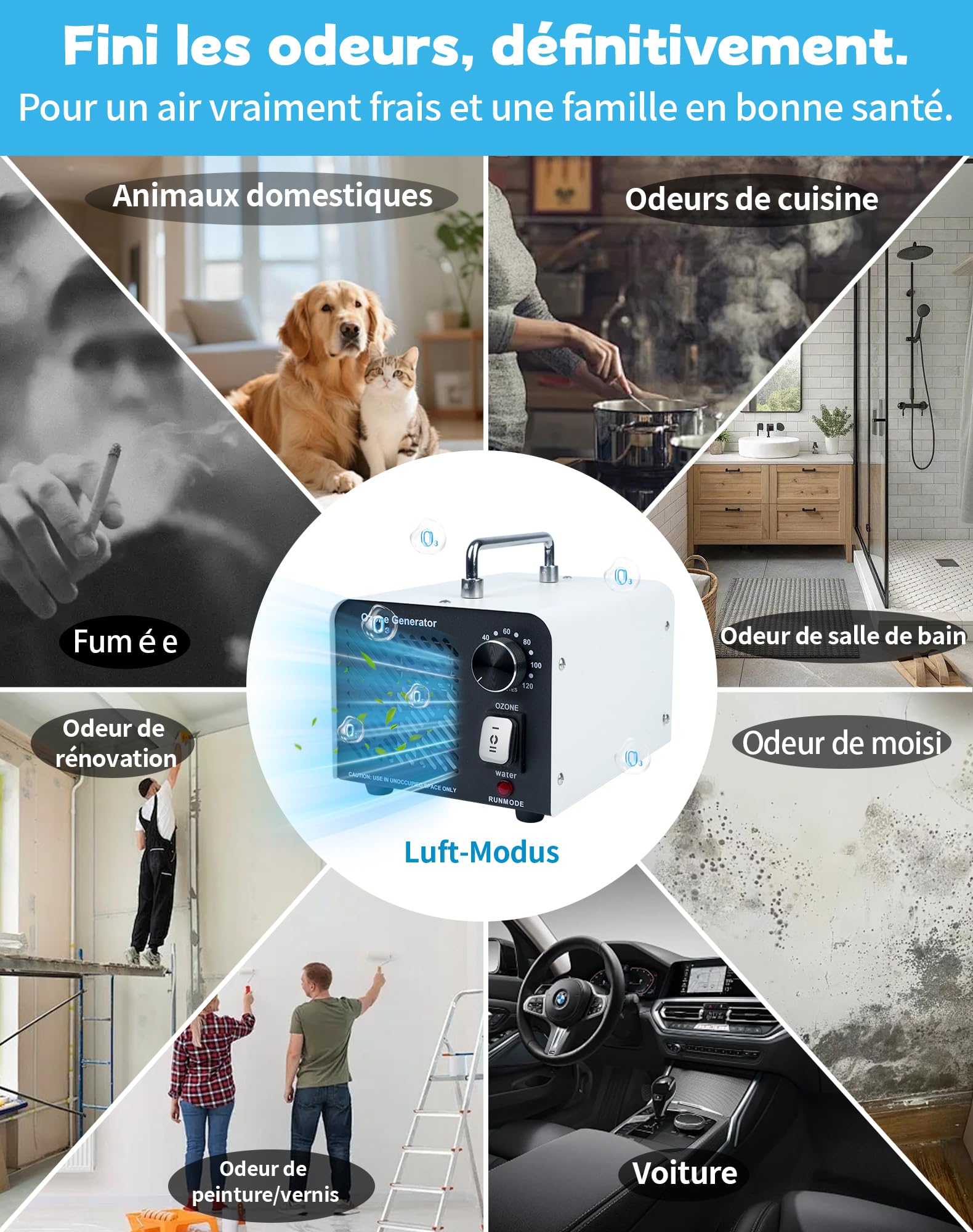 2IN1 Générateur d'Ozone 60 000 mg/h Purificateur d'ozone avec mode eau et air O3 Generateur Ozone pour Éliminer les Odeurs Ozonateur 150W Purificateur d'air à l'ozone pour maison et voiture Animaux