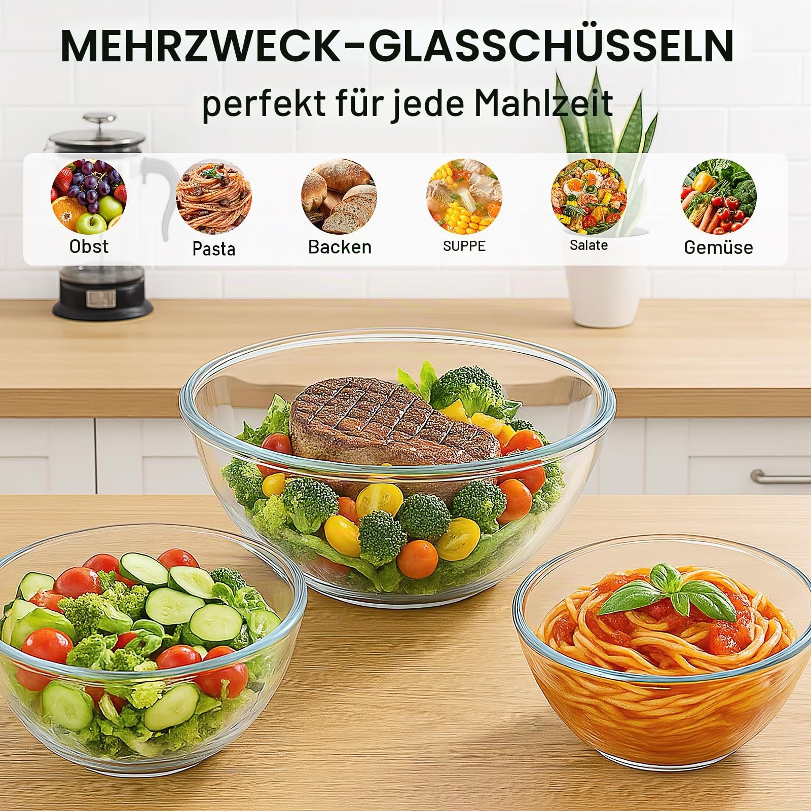 3er Set Glas Rührschüssel mit Deckel, Große Rund Salatschüsseln(4,5 L, 2,7 L, 1,1 L) aus Borosilikatglas, Stapelbare Schüsseln mit Deckel für Kochen, Backen, Vorbereiten, Mikrowellengeeignet