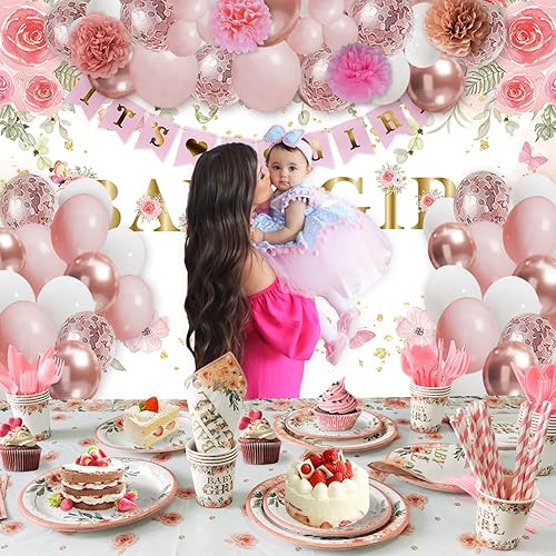 Miniatura 2 de Decoraciones de baby shower para niña, 225 piezas de YHFNDIYS rosa floral niña decoración de baby shower suministros de fiesta (20 invitados) con