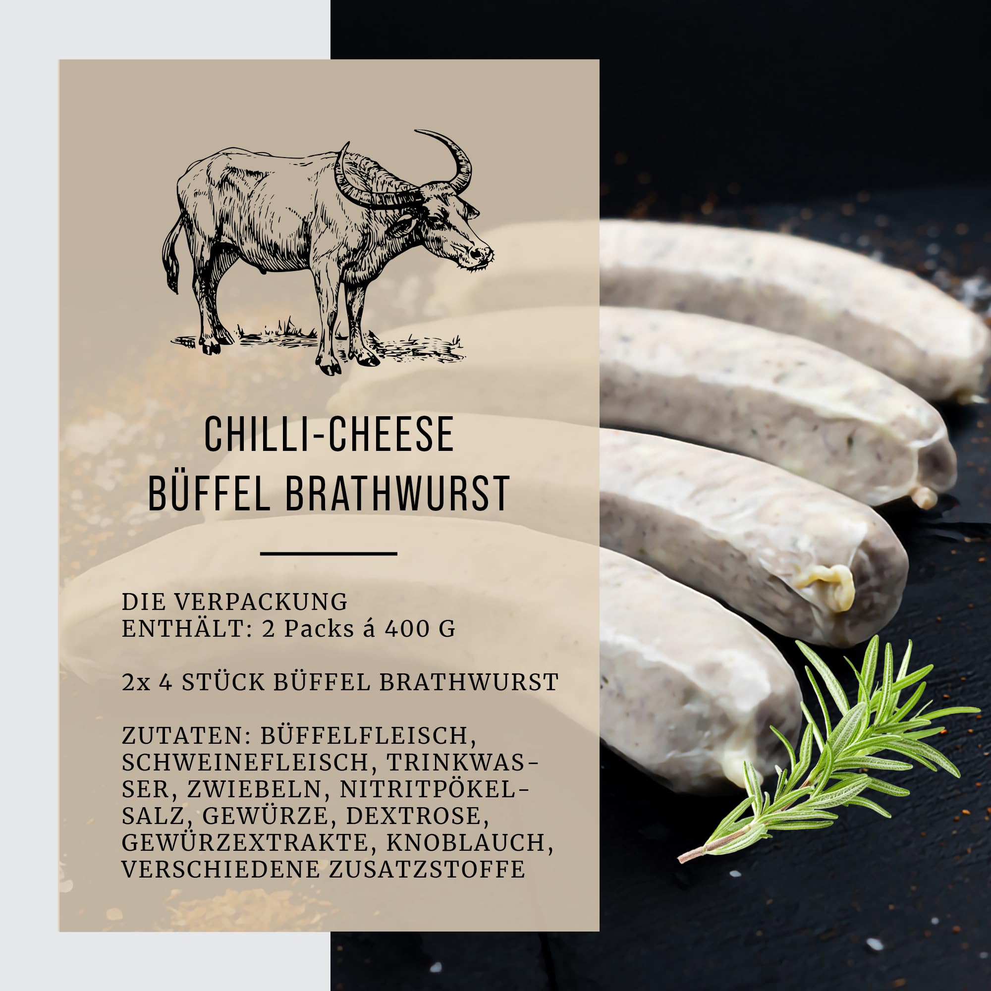 Büffel Bill Chili Cheese Bratwurst I 2x4 Würstchen á 100 g bestehend aus Büffelfleisch & Schweinefleisch I Büffelwurst feurig verfeinert mit roter Chili